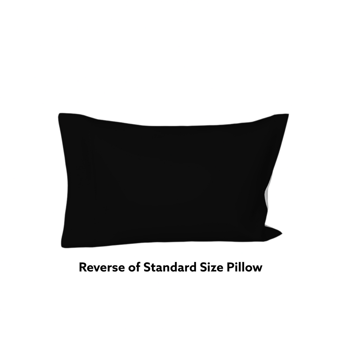 A black rectangular pillow sham or pillow shown from the reverse side on a white background, with the text 'Reverse of Standard Size Pillow' underneath.