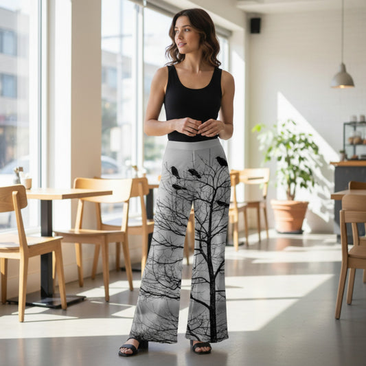 Woman wearing a black tank top and white pants with black tree pattern in a modern cafe.