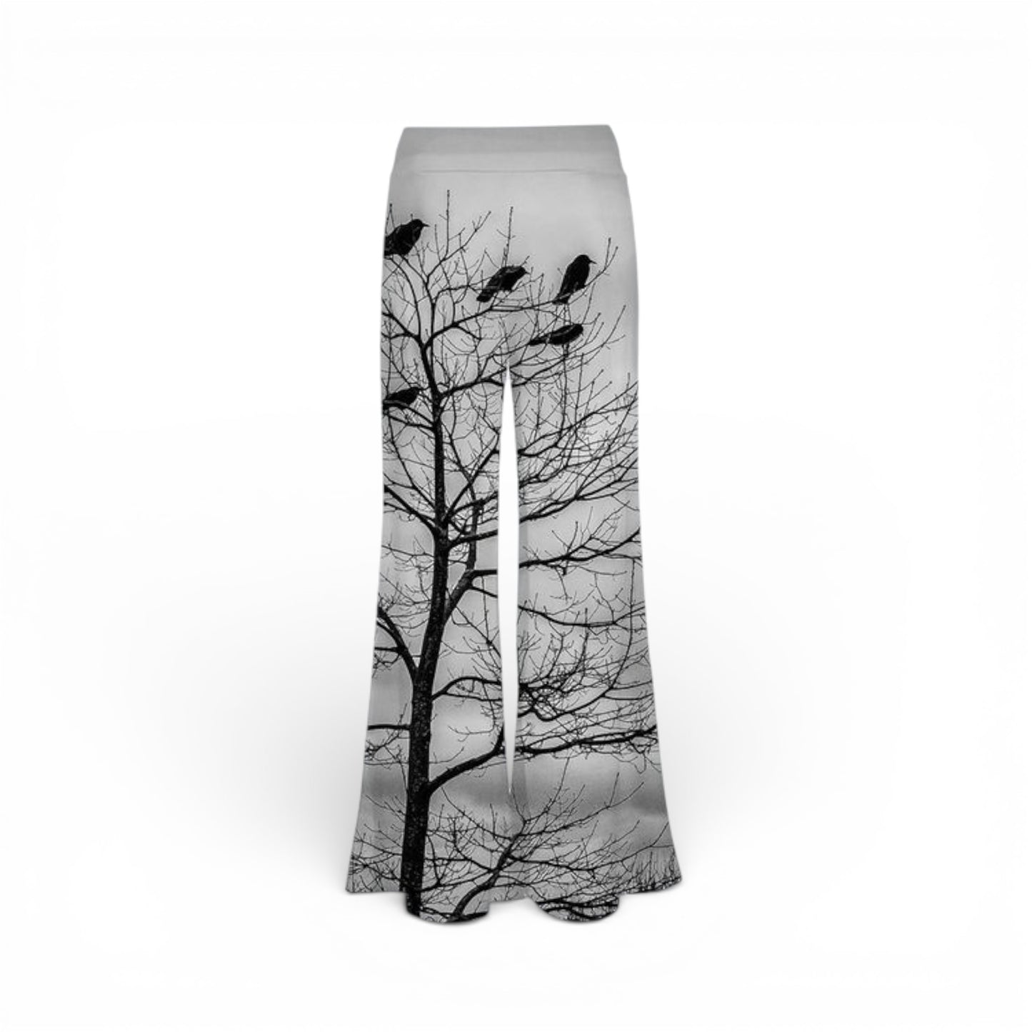 Flared pants with a design of birds on a tree branch on a white background