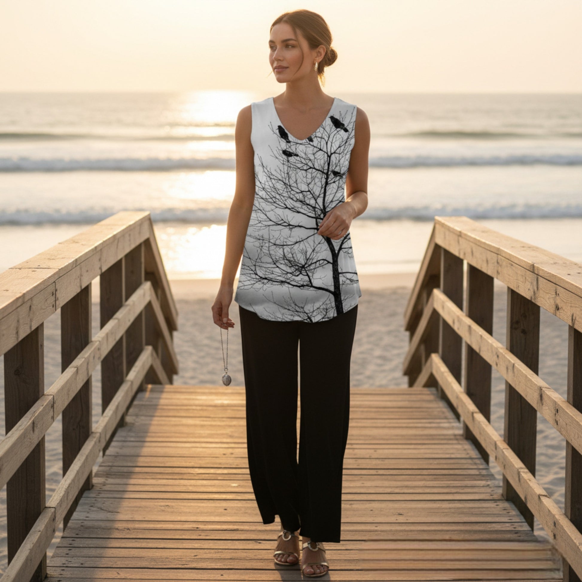 Woman standing on a wooden boardwalk by the beach at sunset