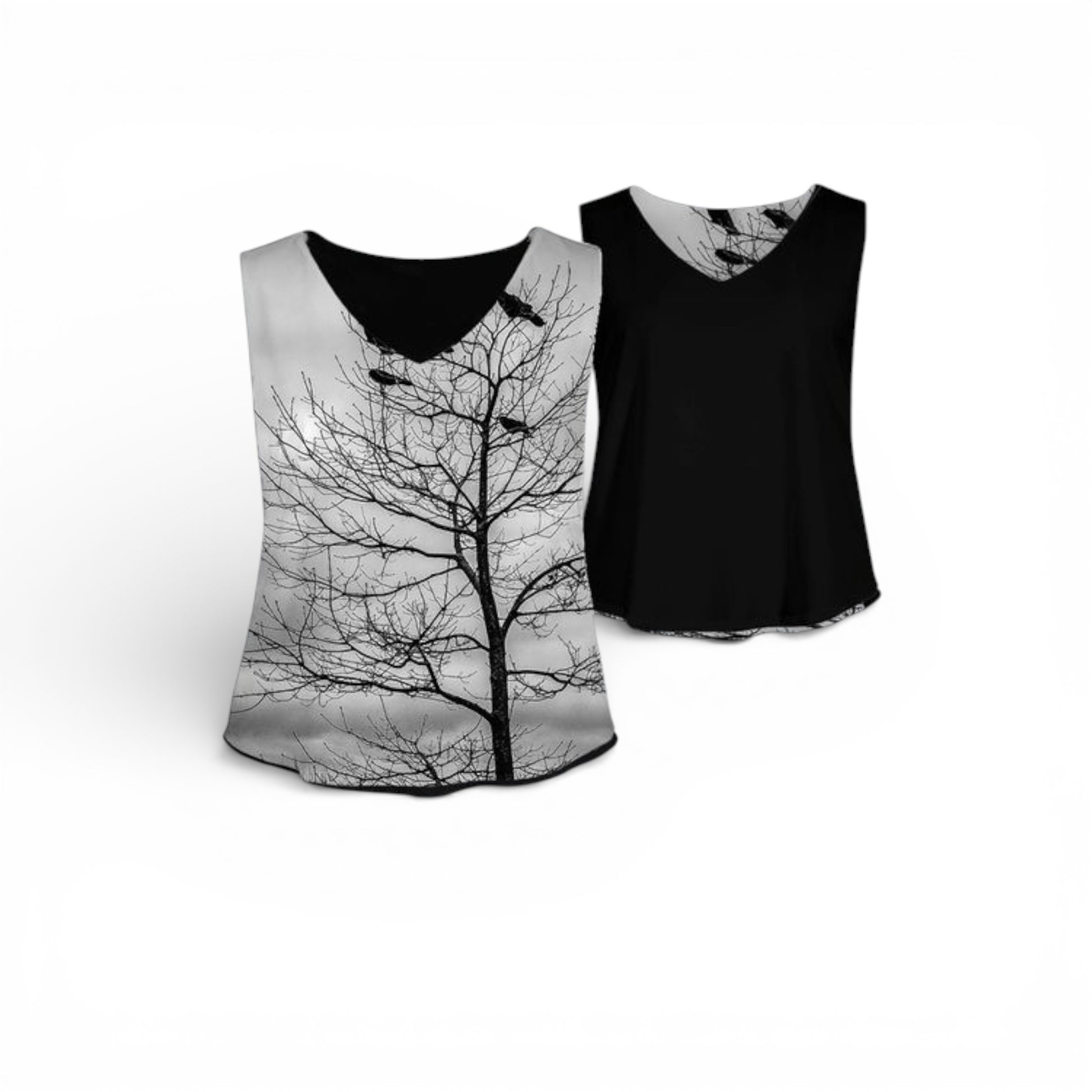 Black and white tank top with tree design on a white background