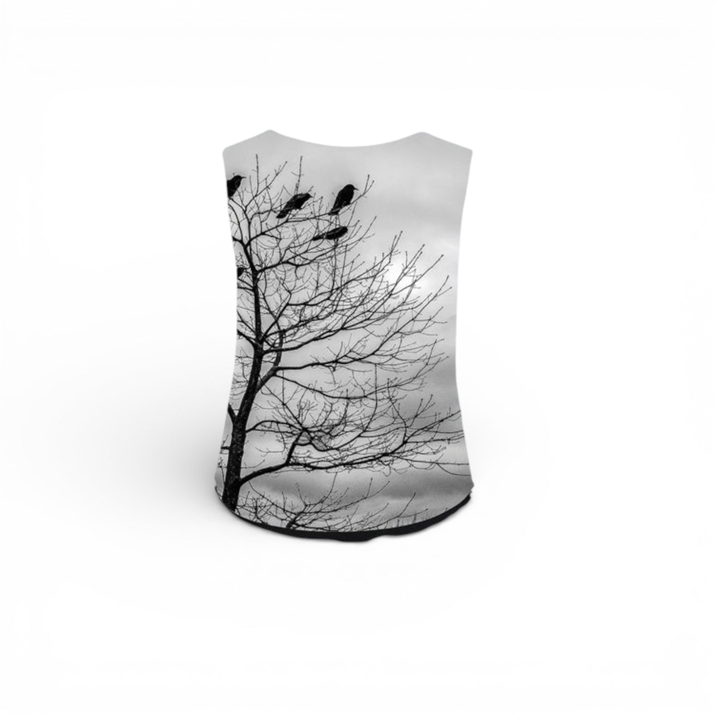 Tank top with a design of birds on a tree branch against a white background