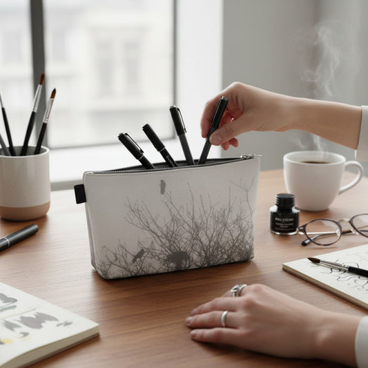Person reaching into a pouch on a desk with stationery items.