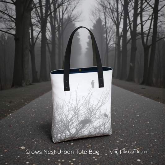 Tote bag with tree silhouettes on a foggy path, featuring 'Crows Nest Urban Tote Bag' by Van Isle Goddess.