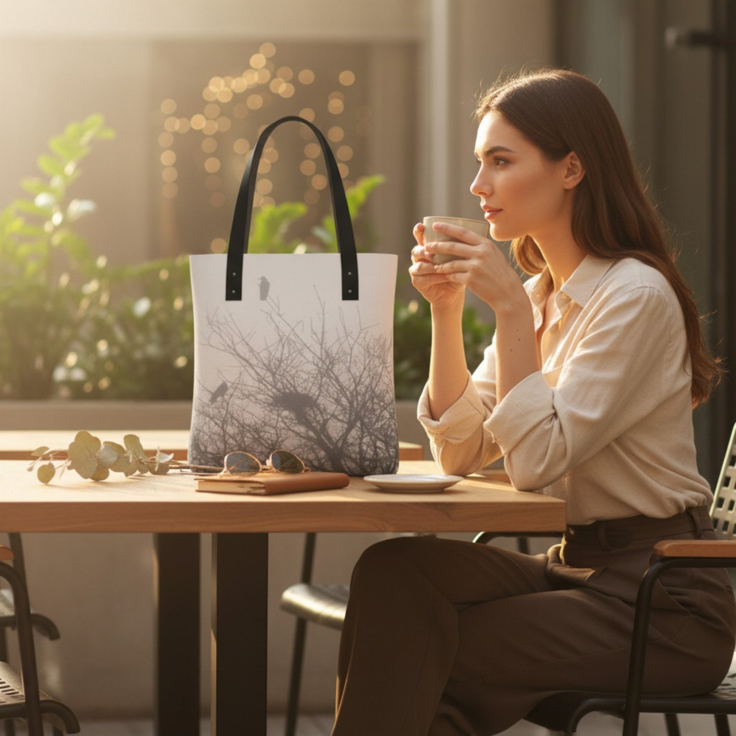 Woman sitting at a table with a tote bag and a cup, in a warm indoor setting.