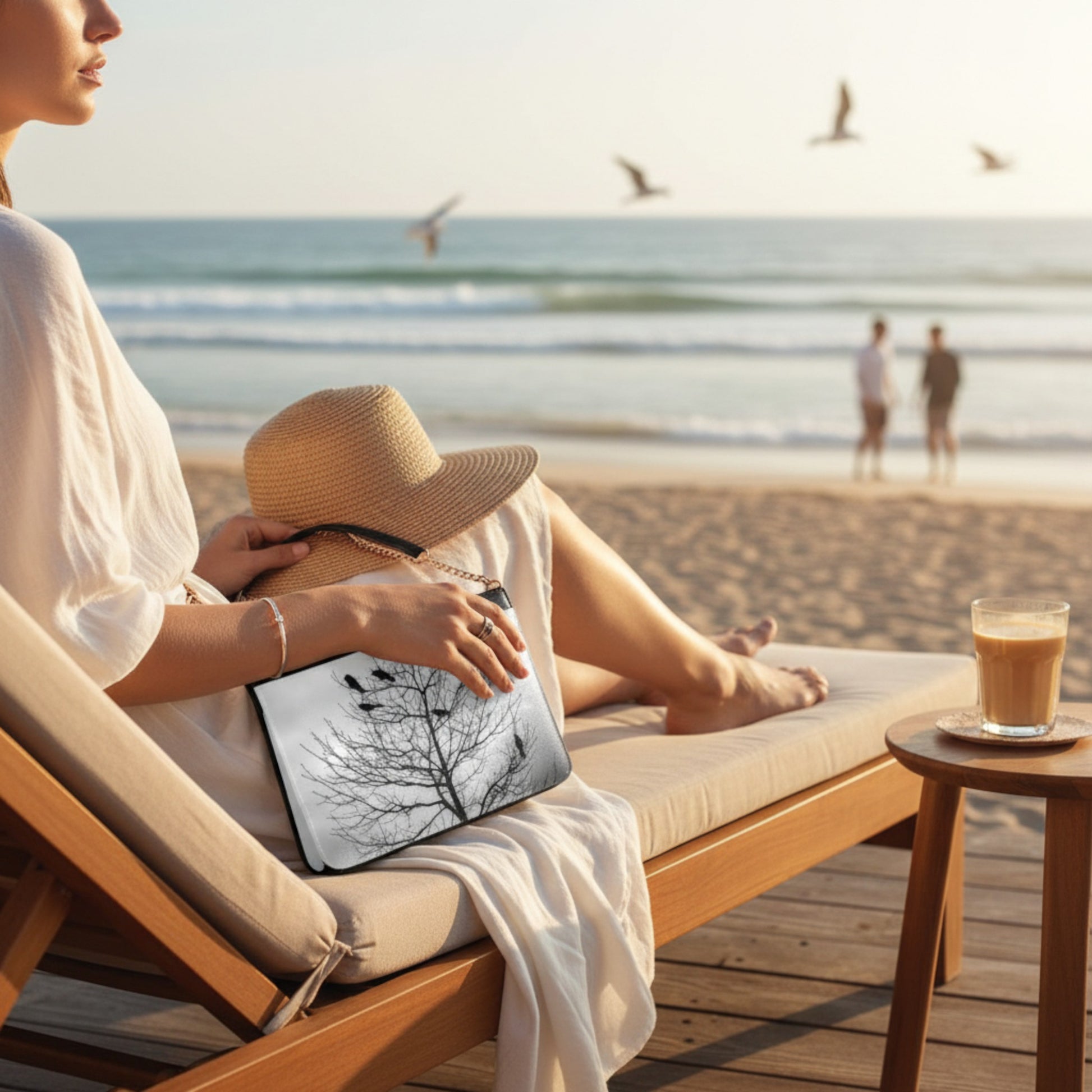Woman relaxing on a beach chair with a tablet and coffee, enjoying a scenic view.