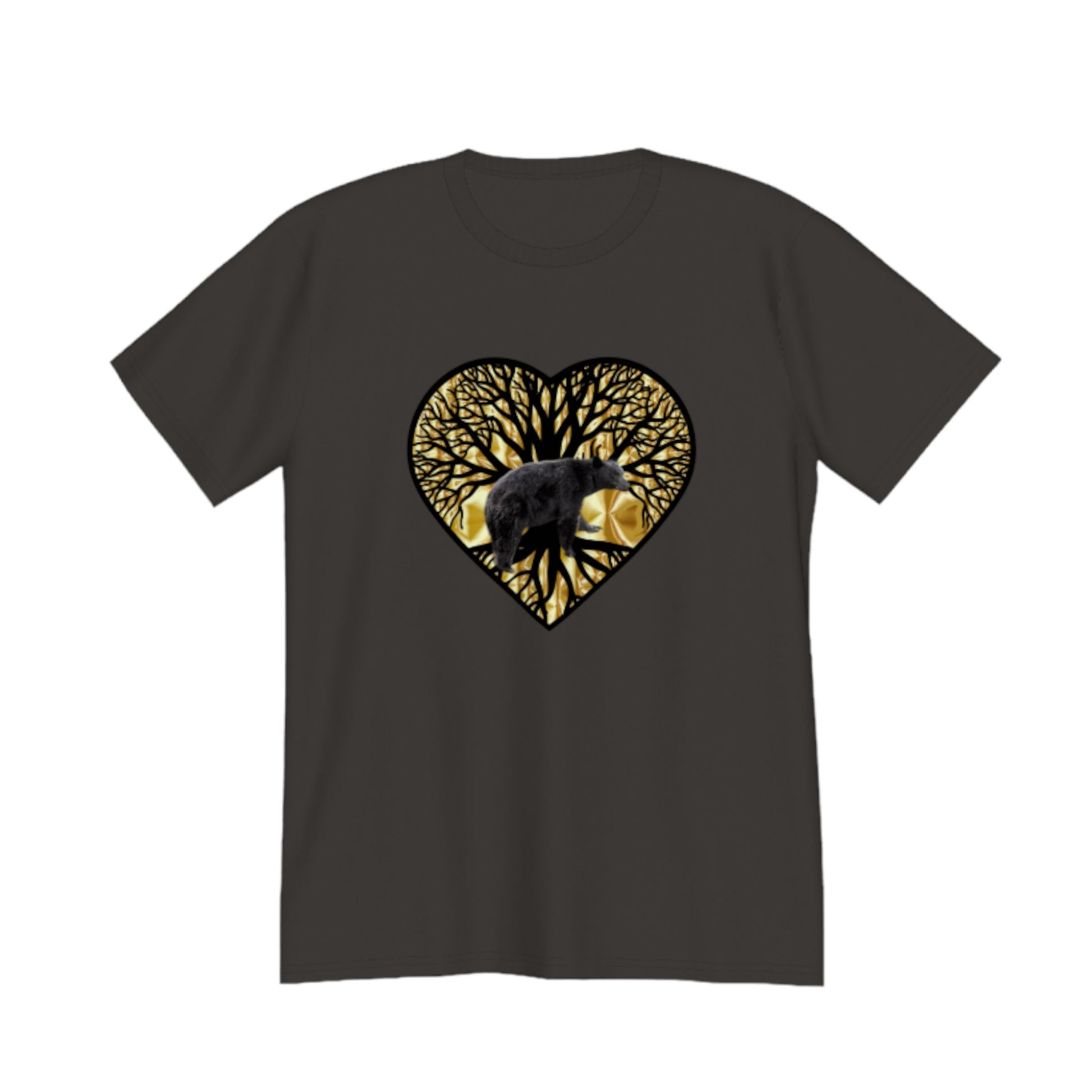 Bear Heart Premium Unisex T-shirt. The image on the front is of a bear standing in front of the tree of life that is on a gold background.  by van isle goddess dot com