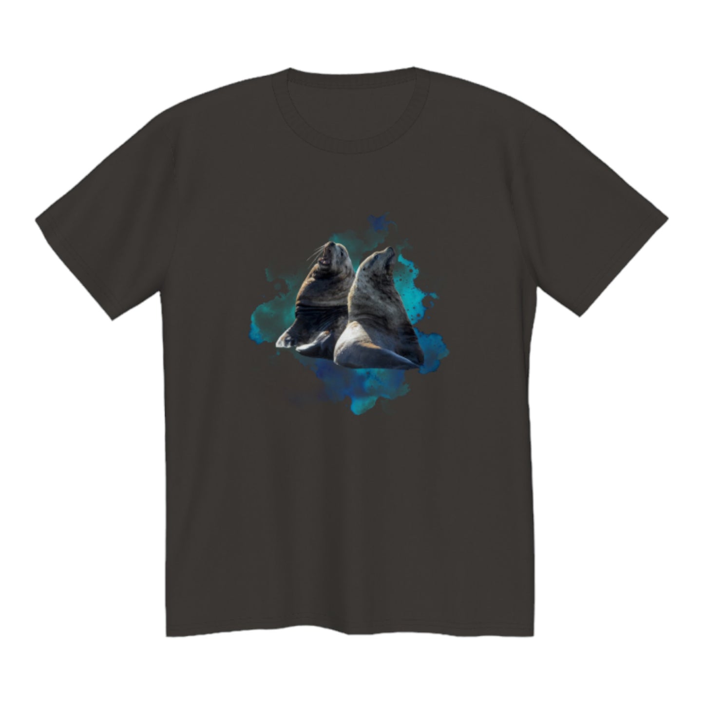 Sea Lions Premium Unisex Tshirt featuring two sea lions on the front.  A colourful blue and green ocean abstract is in the background. by van isle goddess dot com
