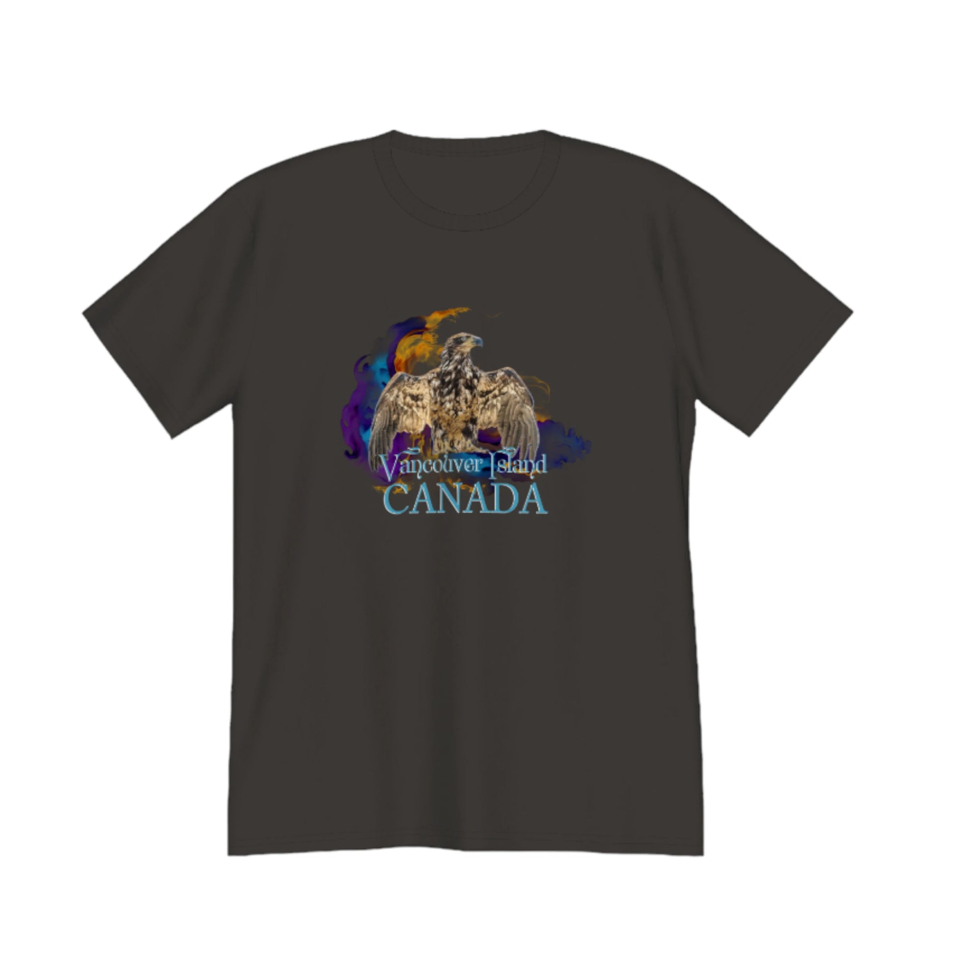 Thunderbird Vancouver Island Canada Premium Unisex T-shirt. The image is of a eagle in the thunderbird position with a colourful abstract background.  The word below the image read Vancouver island, Canada. by van isle goddess dot com