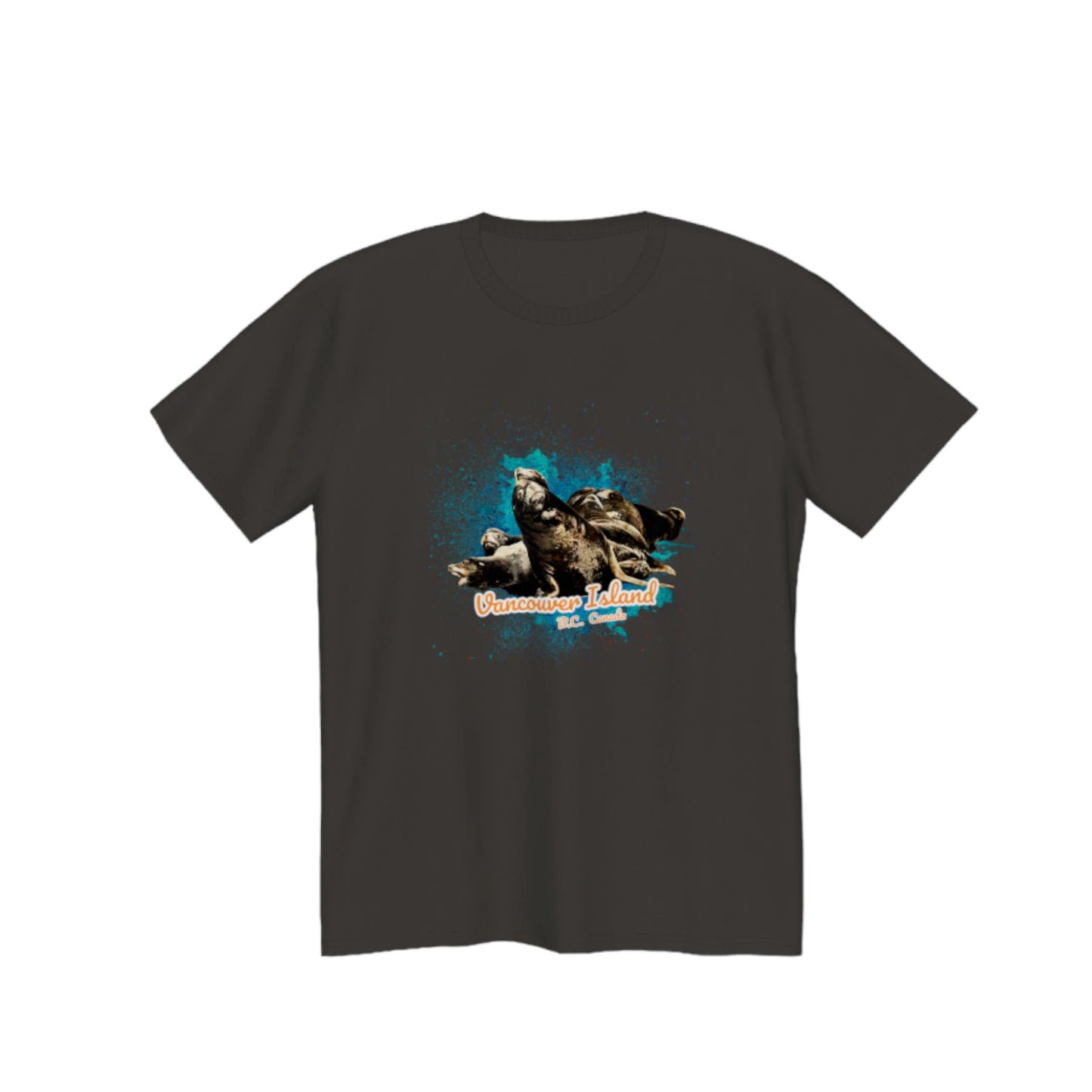 What's Up? Sea Lions Vancouver Island, BC Canada Premium Unisex T-shirt.  The image on the front is of a group of sea lions on a log raft.  by van isle goddess dot com
