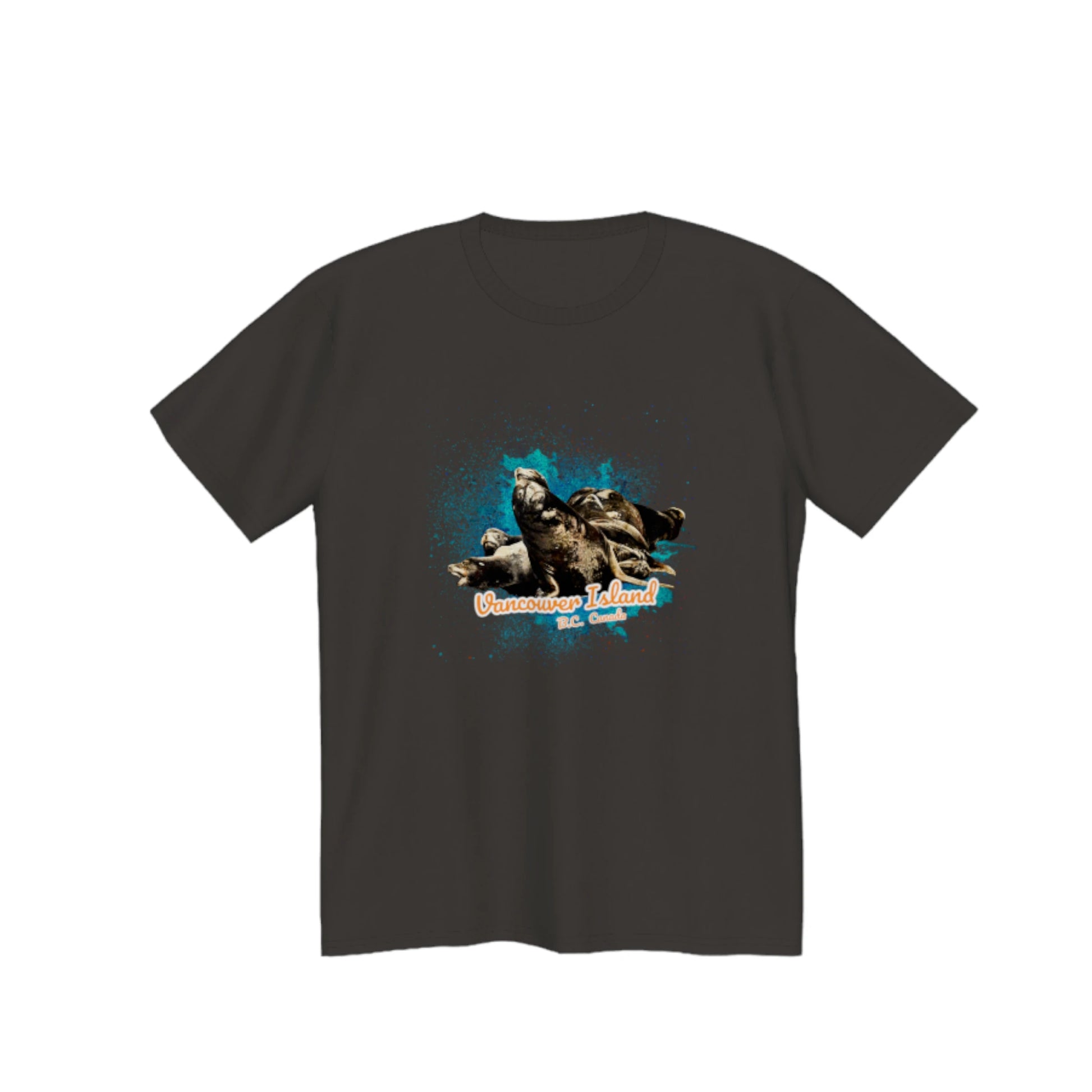 What's Up? Sea Lions Vancouver Island, BC Canada Premium Unisex T-shirt.  The image on the front is of a group of sea lions on a log raft.  by van isle goddess dot com