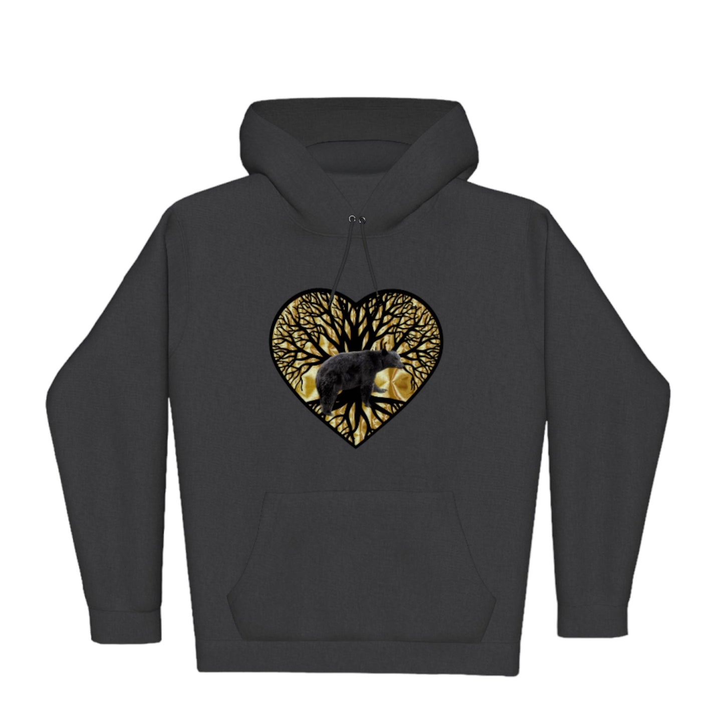 Bear Heart Premium Pullover Hoodie. the image is of a heart with a tree of life and a bear with a gold background.