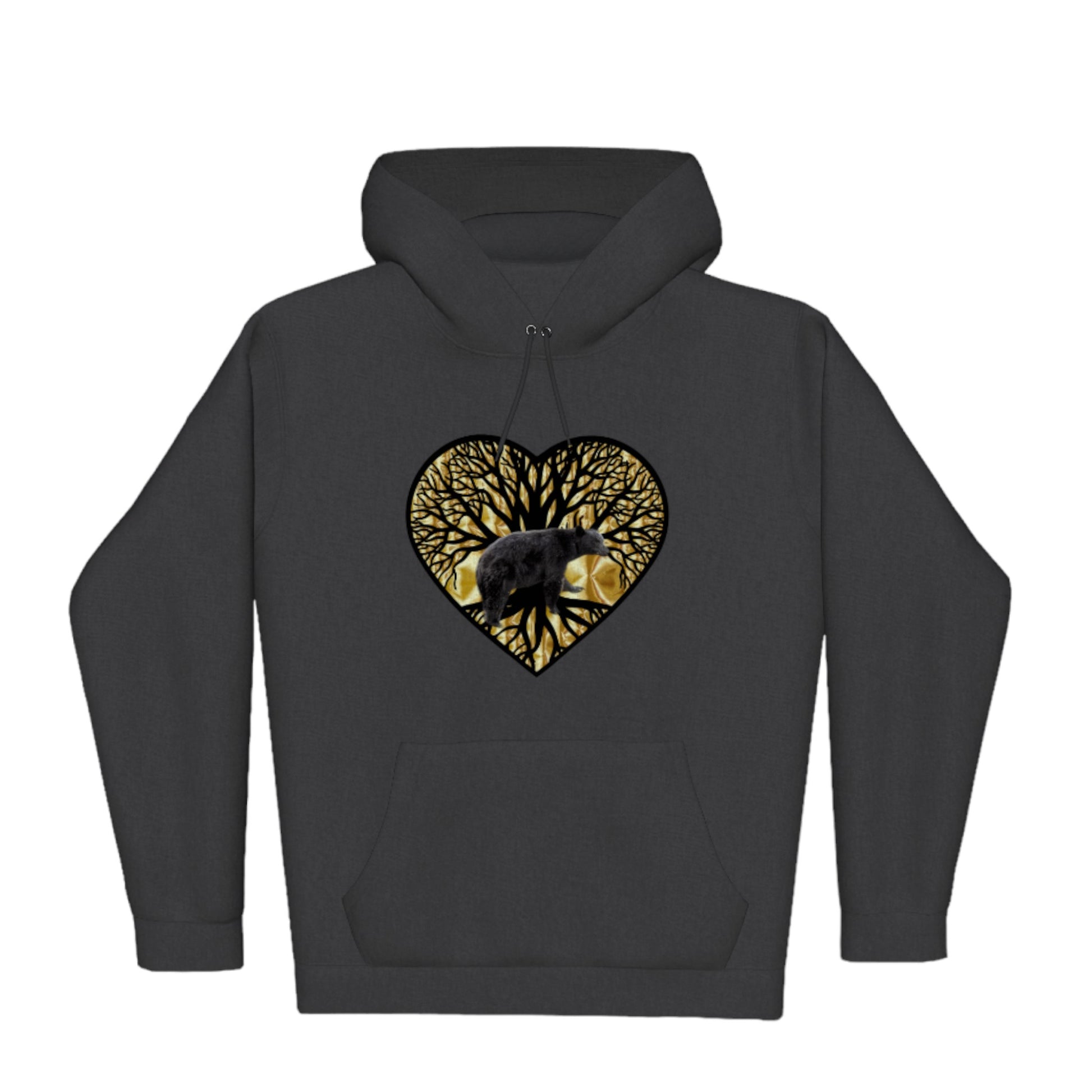 Bear Heart Premium Pullover Hoodie. the image is of a heart with a tree of life and a bear with a gold background.