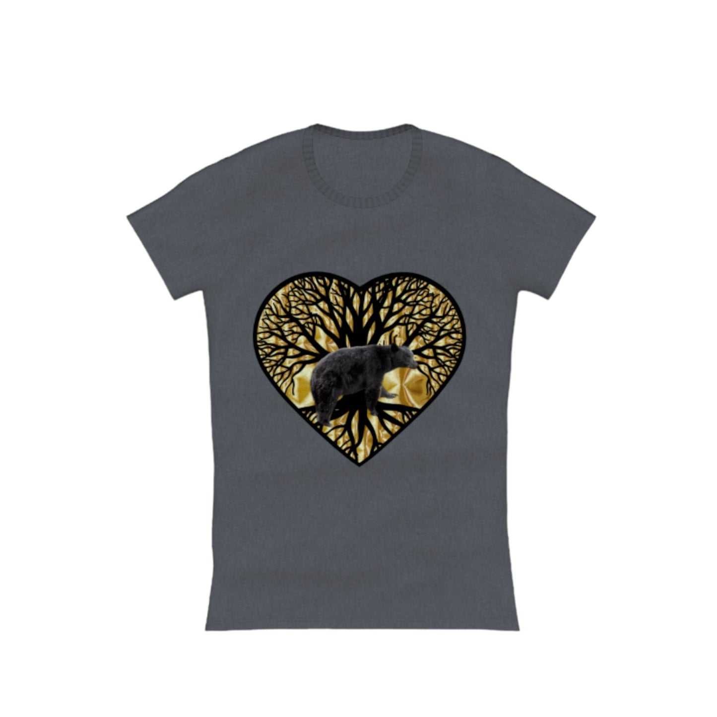 Bear Heart Comfort Slim Fit T-Shirt. The image on the front of the shirt is a heart with a tree of life and a bear and gold background. by van isle goddess dot com
