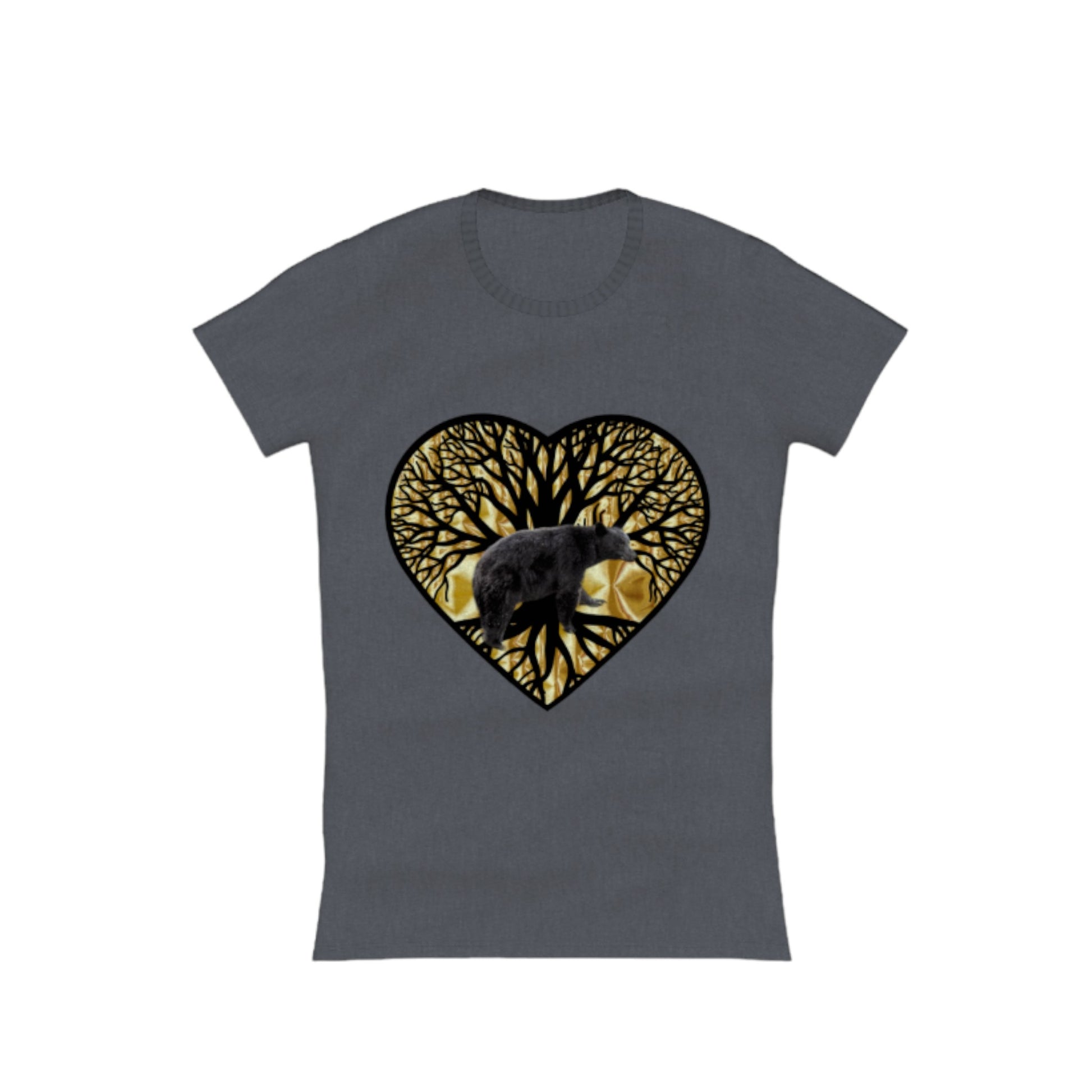 Bear Heart Comfort Slim Fit T-Shirt. The image on the front of the shirt is a heart with a tree of life and a bear and gold background. by van isle goddess dot com