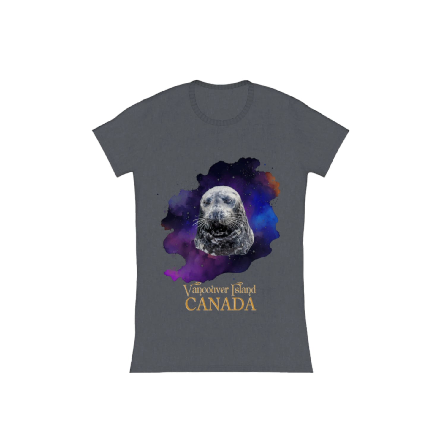 I Love Lucy Vancouver Island Canada Comfort Slim Fit T-Shirt. The image is of a harbour seal with a colorful blue, purple abstract background.  by vanislegoddess.com