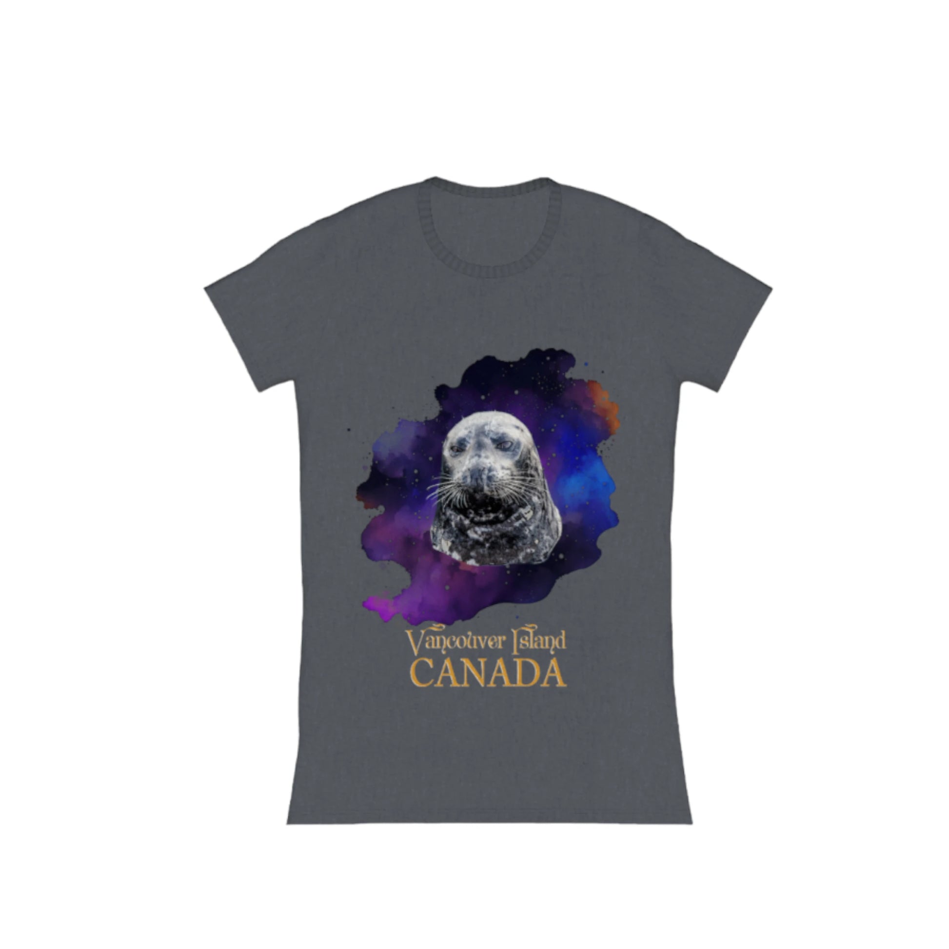 I Love Lucy Vancouver Island Canada Comfort Slim Fit T-Shirt. The image is of a harbour seal with a colorful blue, purple abstract background.  by vanislegoddess.com