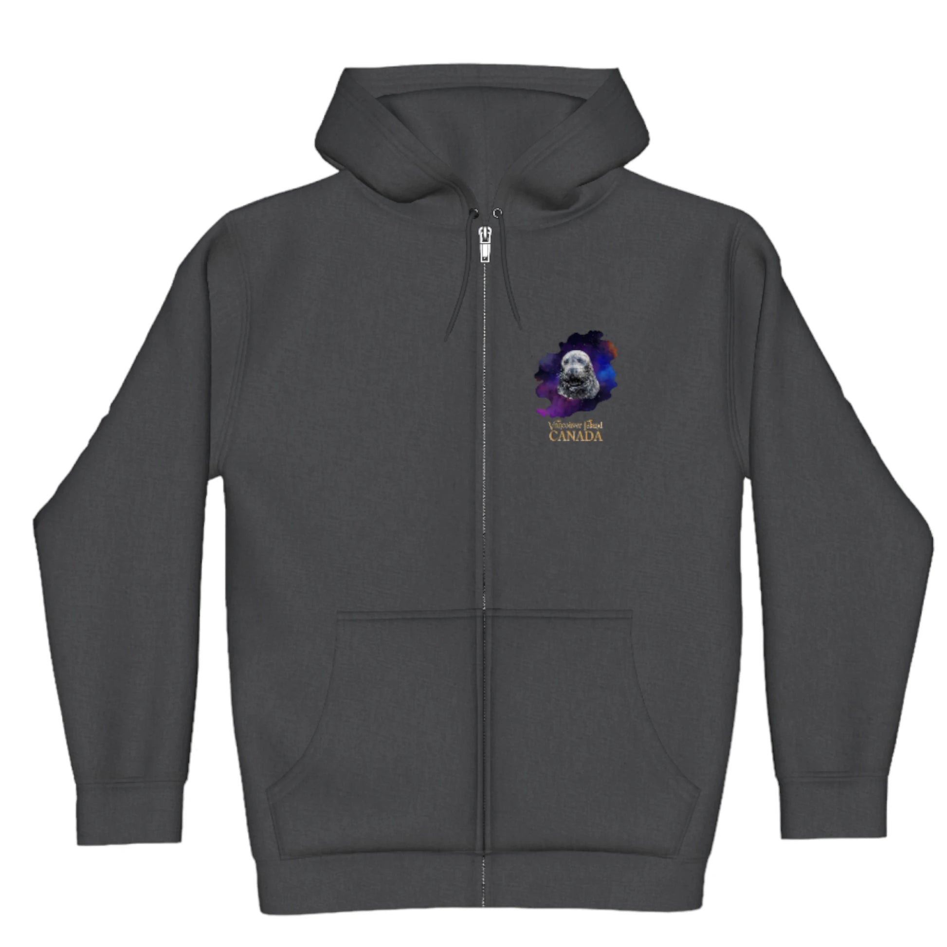 I Love Lucy Vancouver Island Canada Premium Zipper Hoodie. The image is of a harbour seal and is printed on both sides of the hoodie.