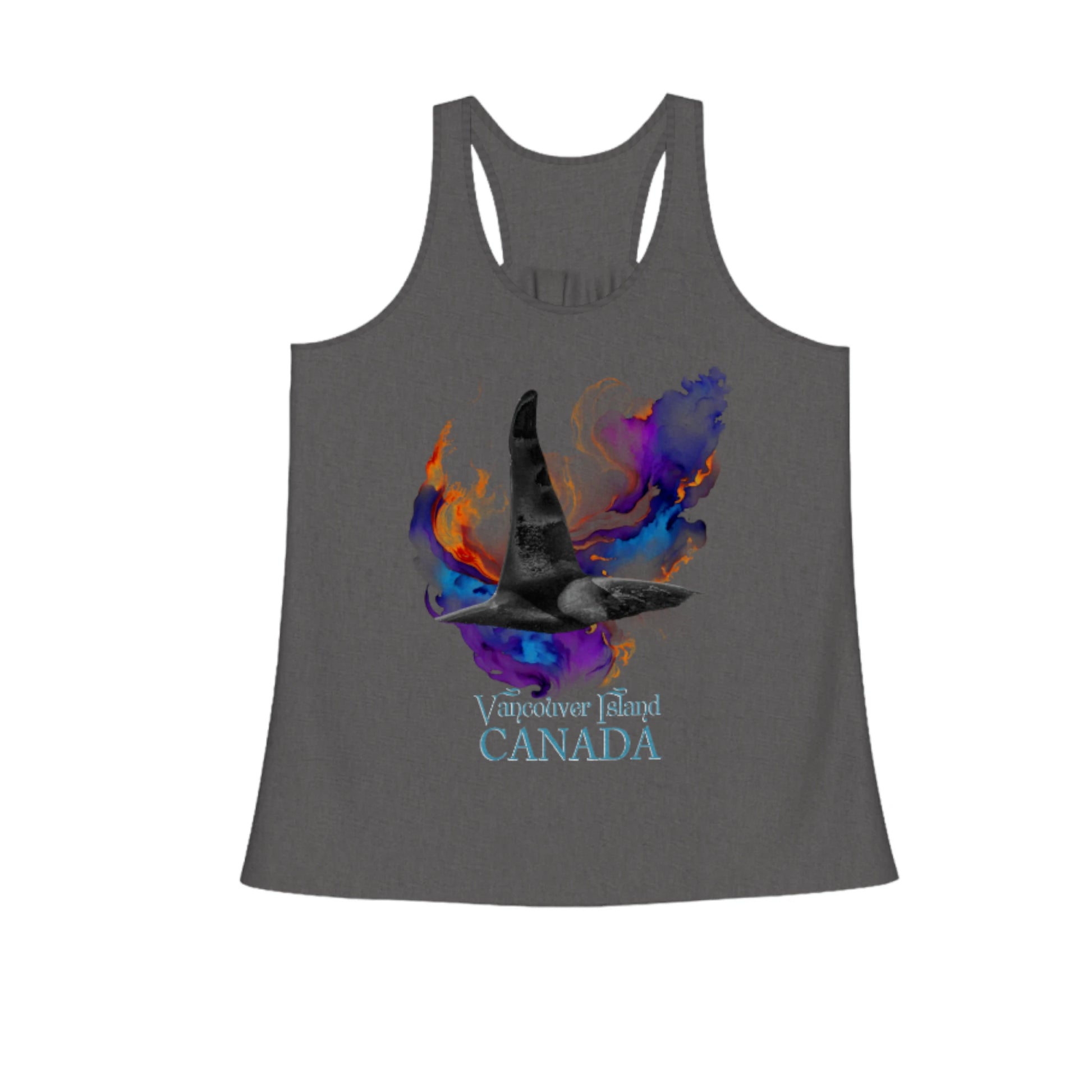 Orca Aura Vancouver Island Canada Flow Racerback Tank Top.  The image on the front shows two sea lions on a abstract ocean blue background. By van isle goddess dot com