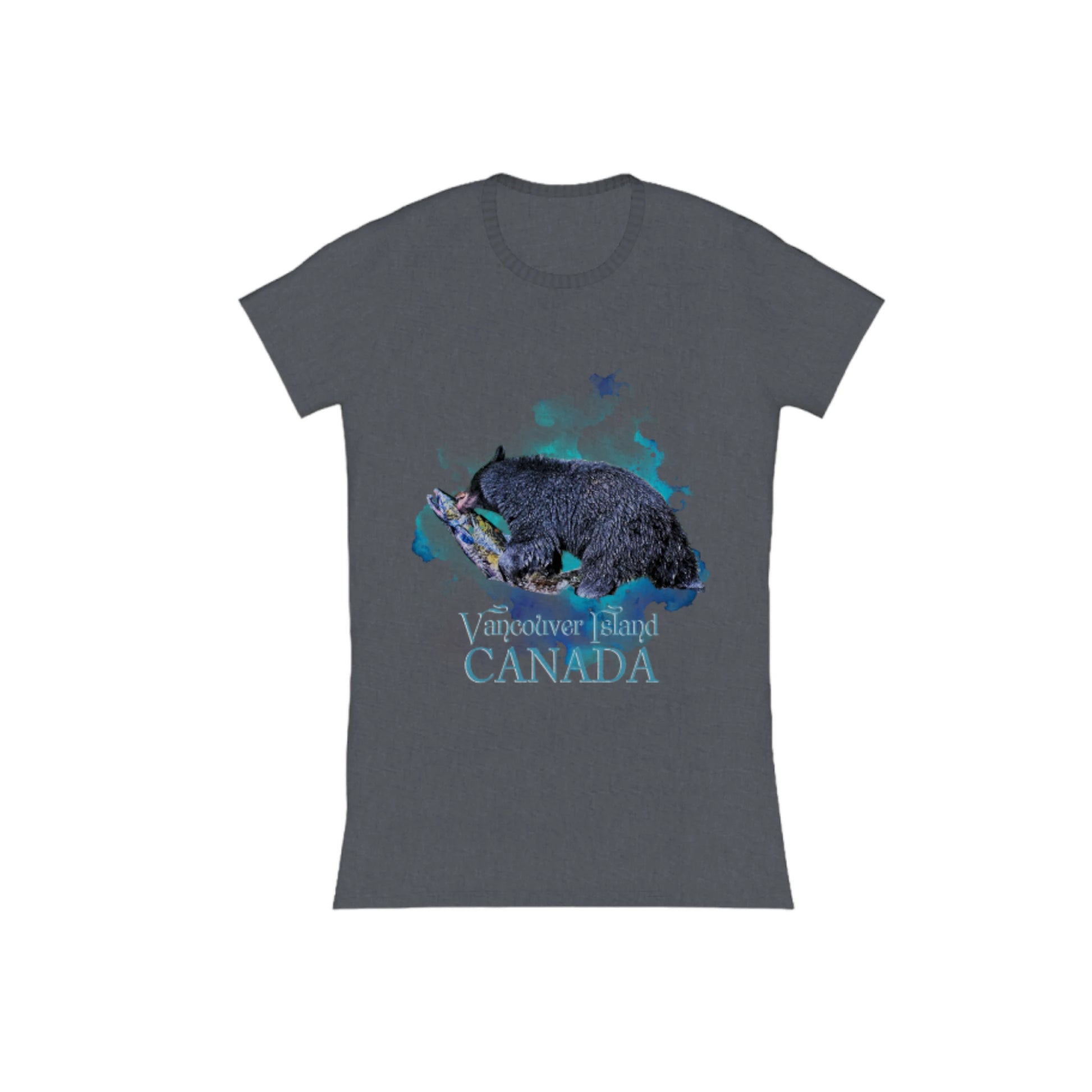 Salmon Bear Vancouver Island Canada Comfort Slim Fit T-shirt  The image is of a bear with a fresh caught salmon in its mouth with a ocean blue abstract background.