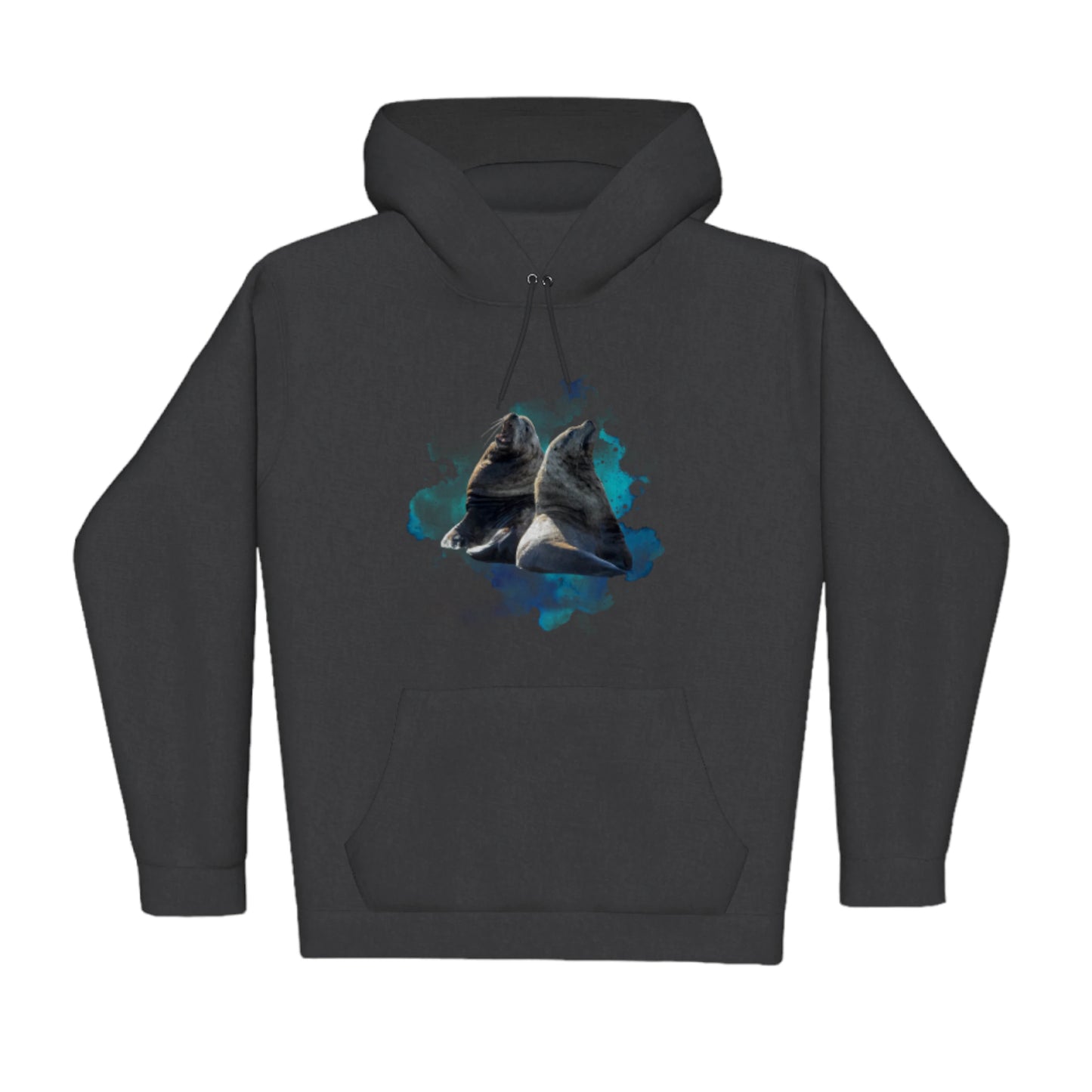 Sea Lions Premium Pullover Hoodie. The image is of two sea lions with a blue abstract background.