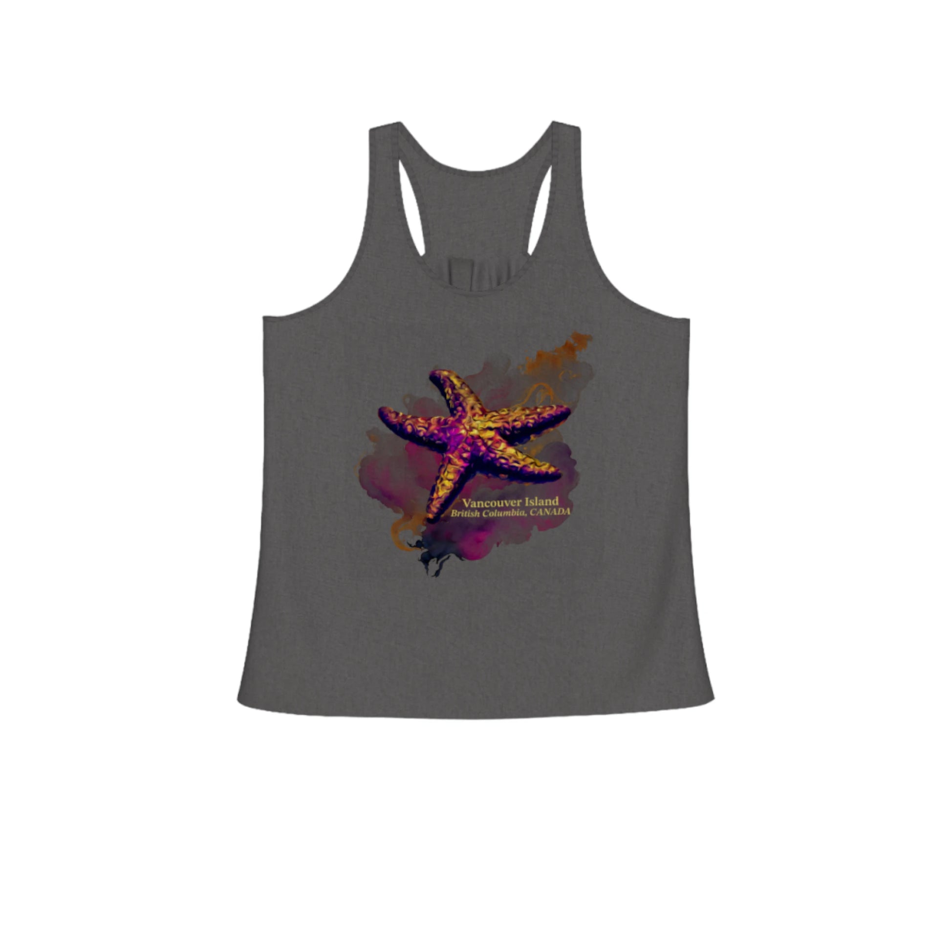 Star Track Vancouver Island British Columbia flow racerback tank top featuring a starfish on a colourful abstract background.