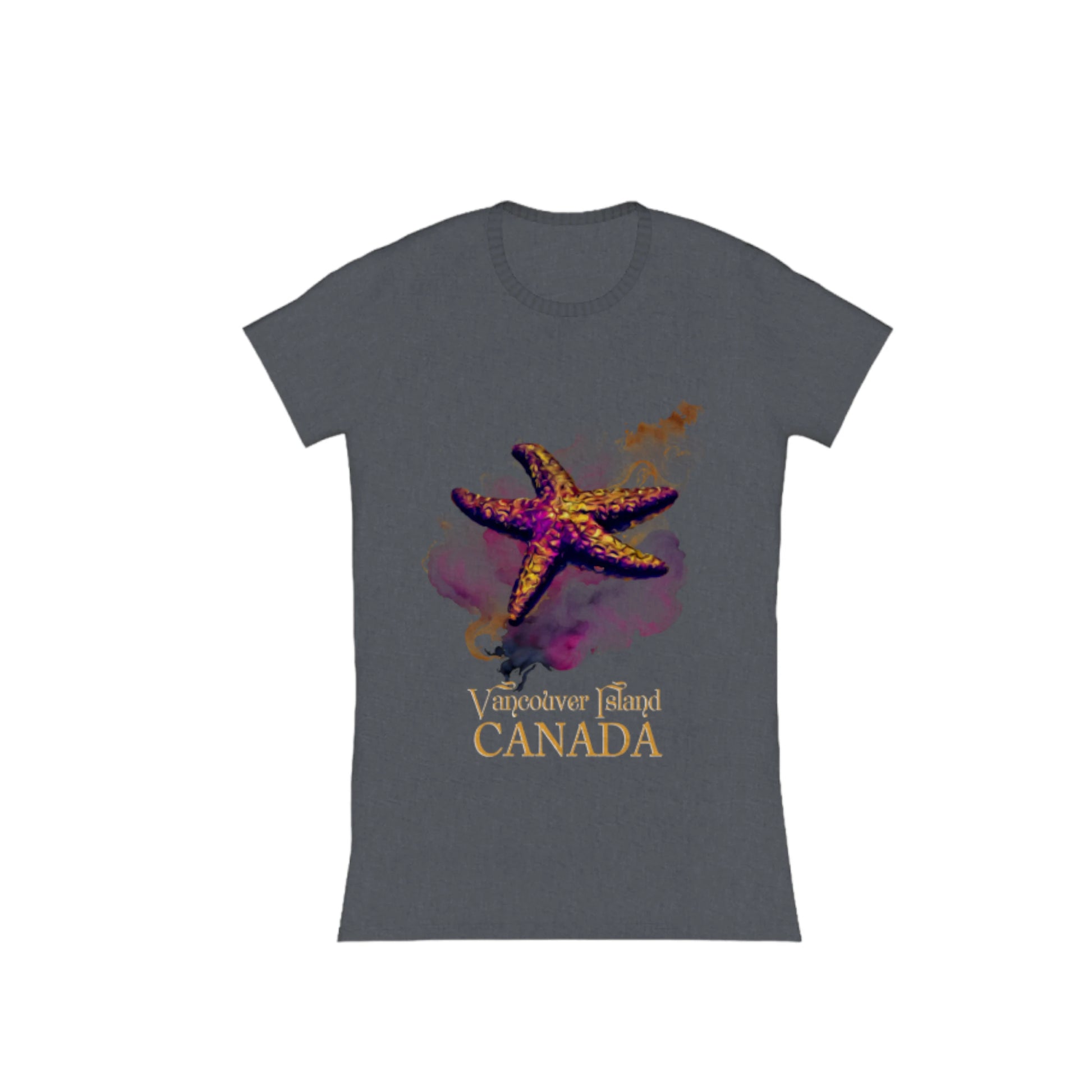Star Track Vancouver Island Canada Comfort Slim Fit T-shirt. the image on the front of t he shirt is a starfish with a colourful abstract background. the words on the shirt read Vancouver Island Canada