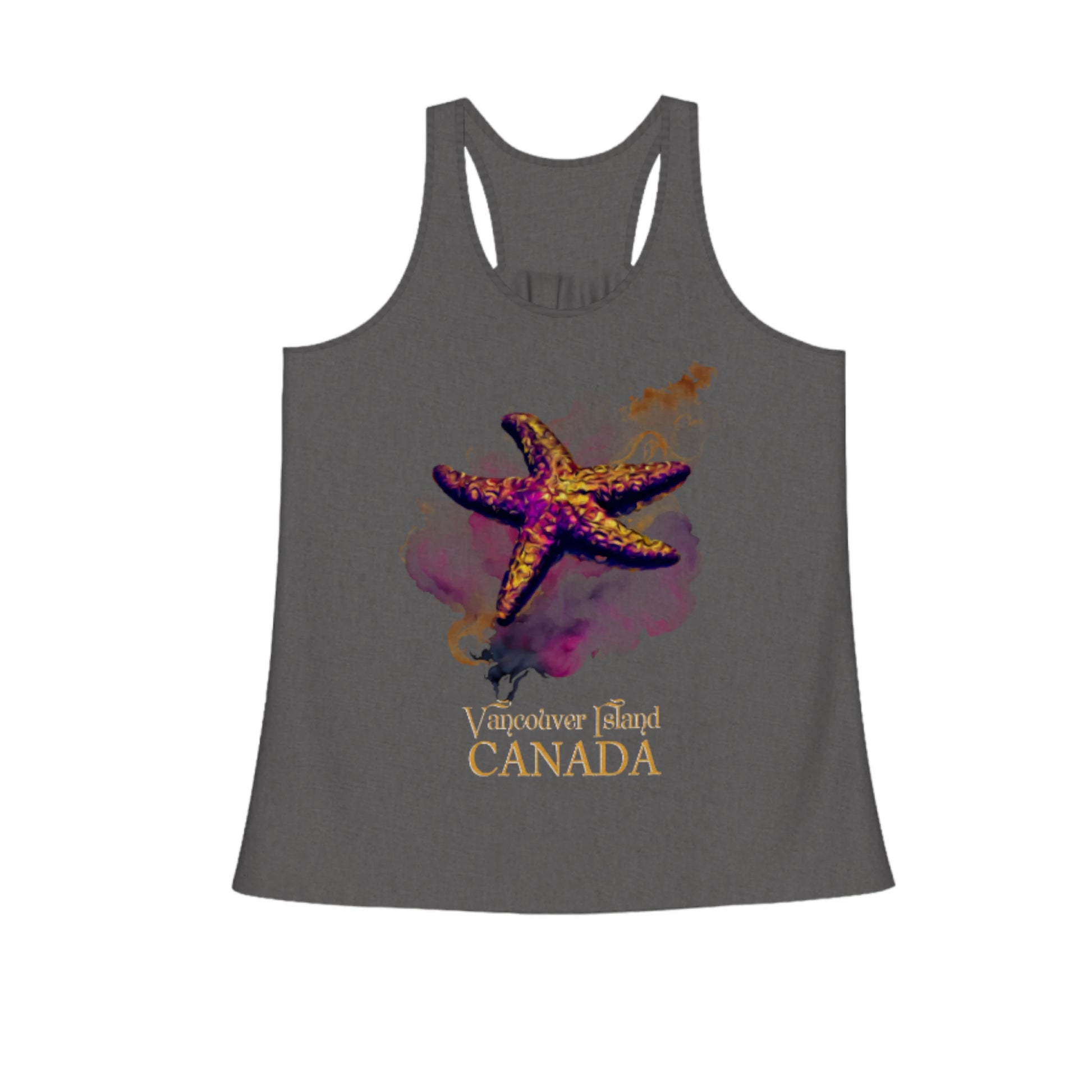 Star Track Vancouver Island Canada Flow racerback tank top.  Image is of a starfish on a abstract colourful background.  By van isle goddess dot com