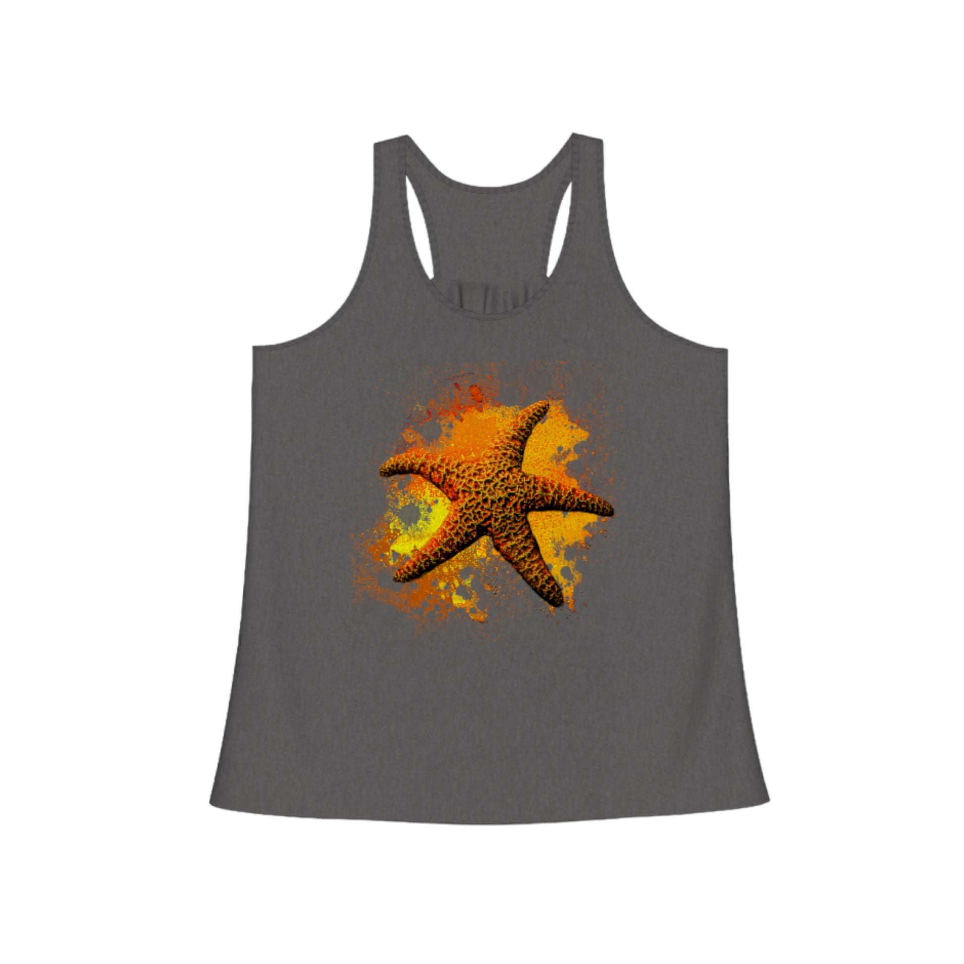 Starfish Orange Flow racerback tank top .  The image on the front of the top is a orange starfish with a orange,red & yellow abstract background. By van isle goddess dot com