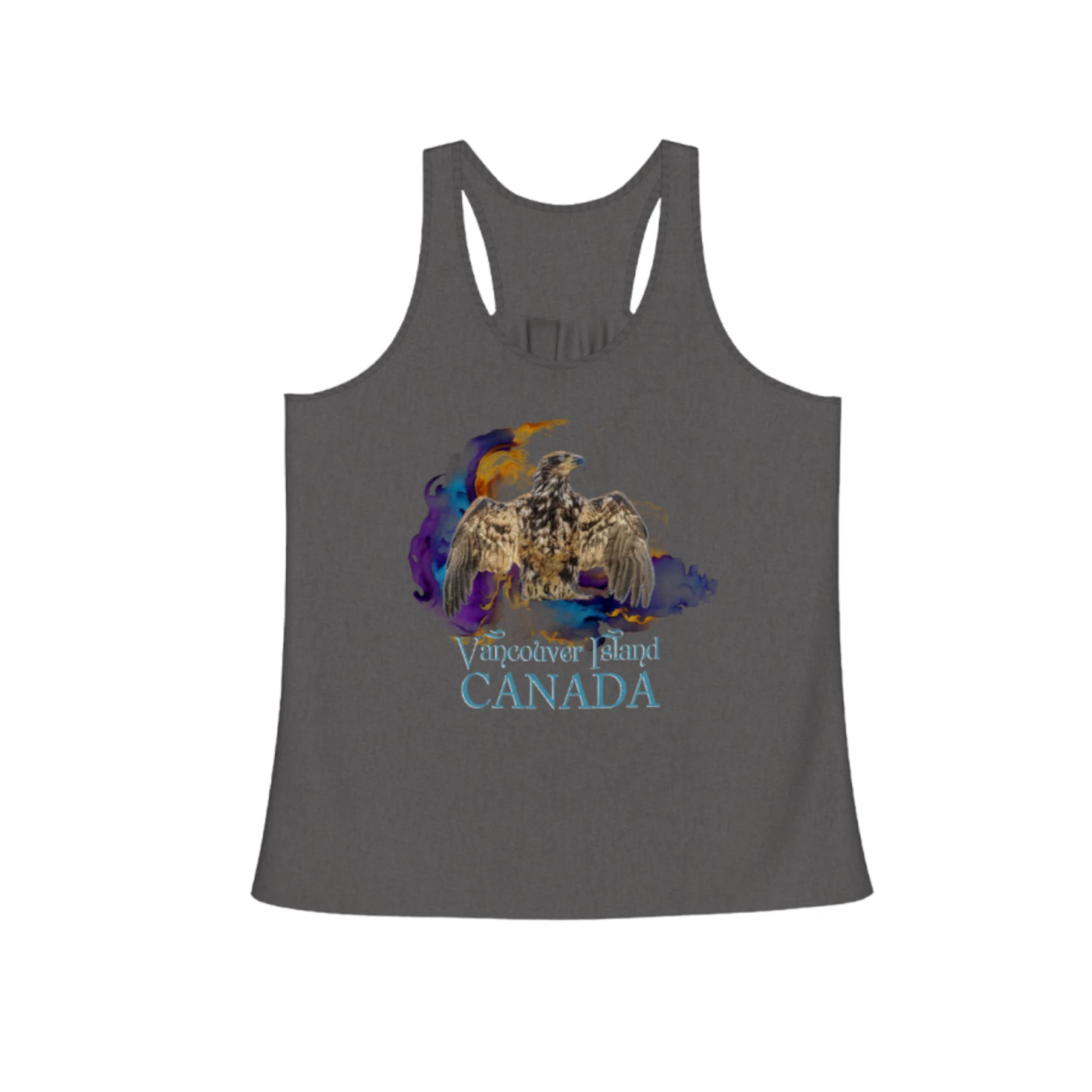 Thunderbird Vancouver Island Canada Flow racerback tank top.  The image is of a eagle with its wings in the thunderbird position.  A colourful abstract background of purple, blue and gold.  The words below the image read Vancouver Island Canada. by van isle goddess dot com
