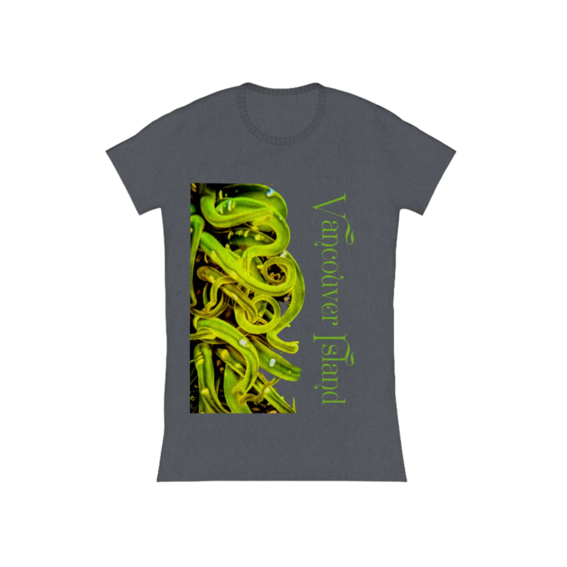 Vancouver Island Sea Anemone Comfort Slim Fit T-shirt. The image is of a green sea anemone under water .  The words read Vancouver Island