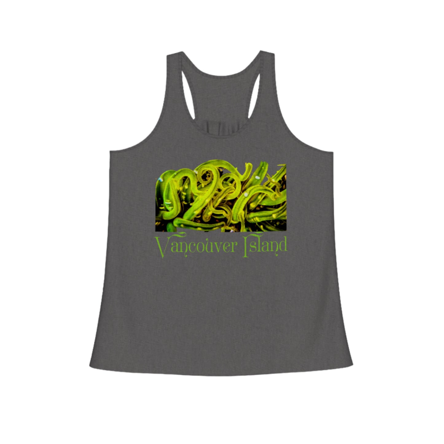 Vancouver island sea anemone flow racerback tank top.  the image on the front of the top is of a green sea anemone underwater with its tentacles swaying with the ocean current. By Van isle goddess dot com