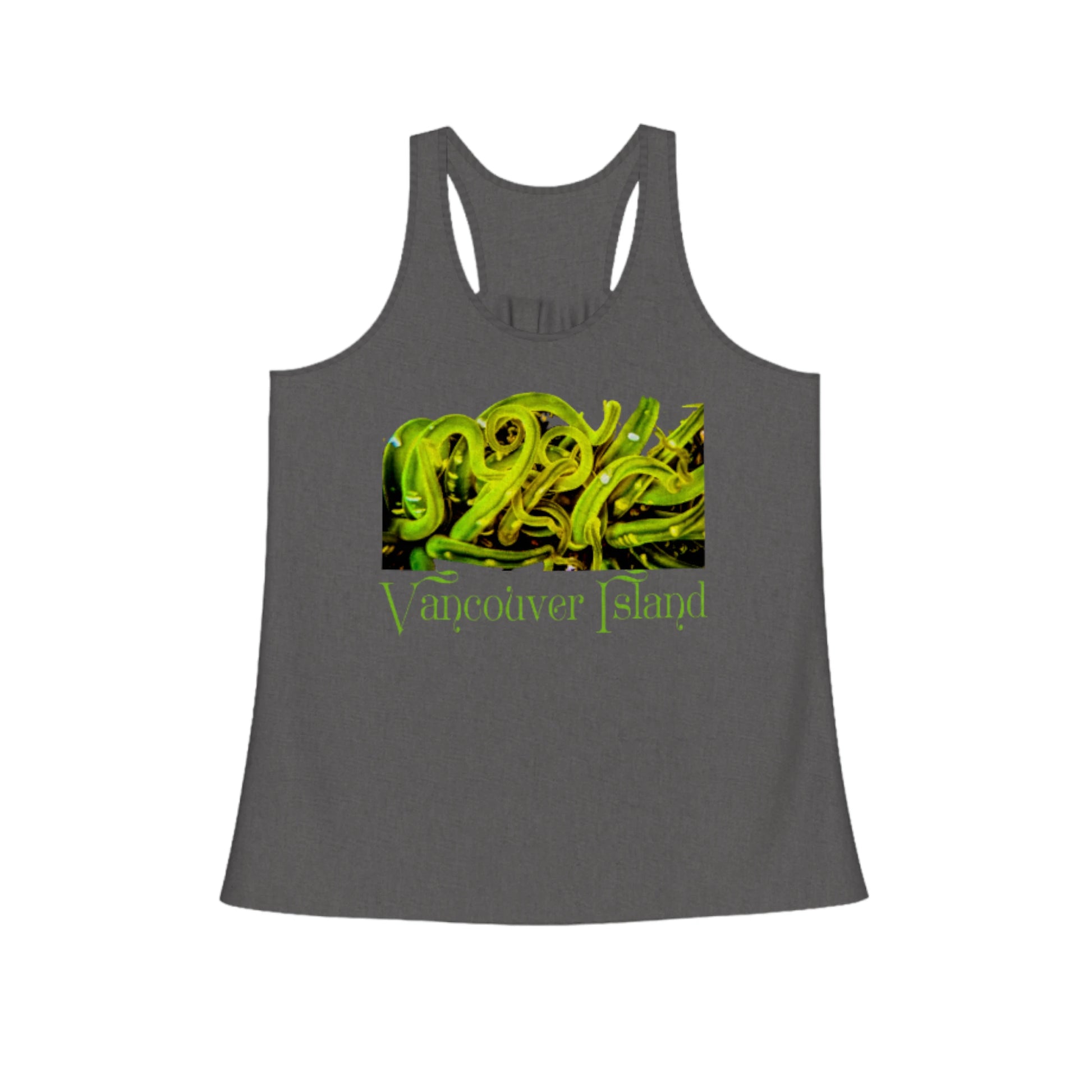 Vancouver island sea anemone flow racerback tank top.  the image on the front of the top is of a green sea anemone underwater with its tentacles swaying with the ocean current. By Van isle goddess dot com