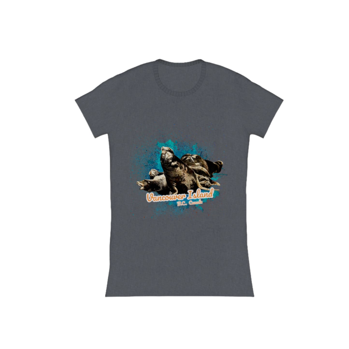 What's Up? Sea Lions Vancouver Island BC Canada Comfort Slim Fit T-shirt. The image is of a group of sea lions on a log raft.  The words read Vancouver Island BC Canada