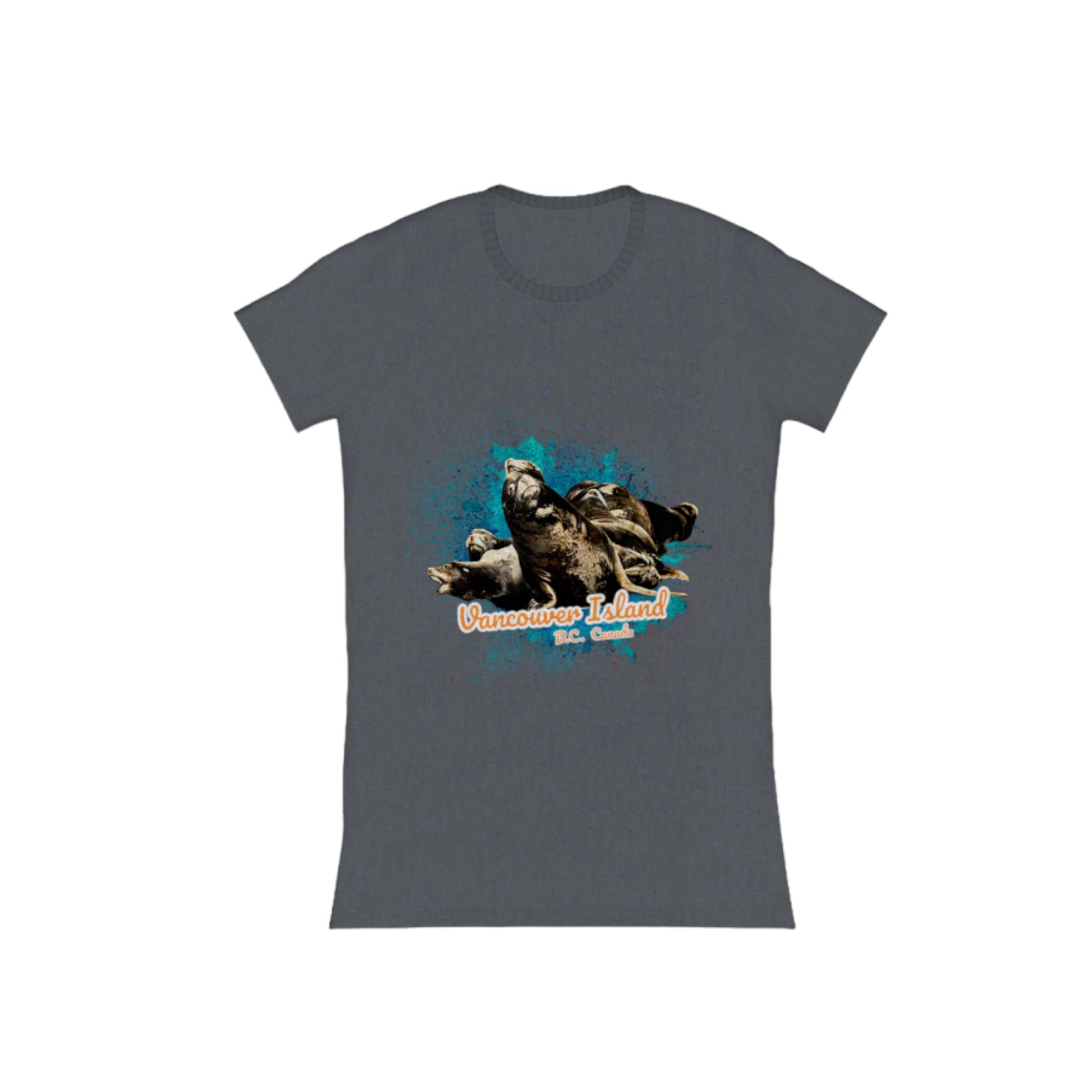 What's Up? Sea Lions Vancouver Island BC Canada Comfort Slim Fit T-shirt. The image is of a group of sea lions on a log raft.  The words read Vancouver Island BC Canada