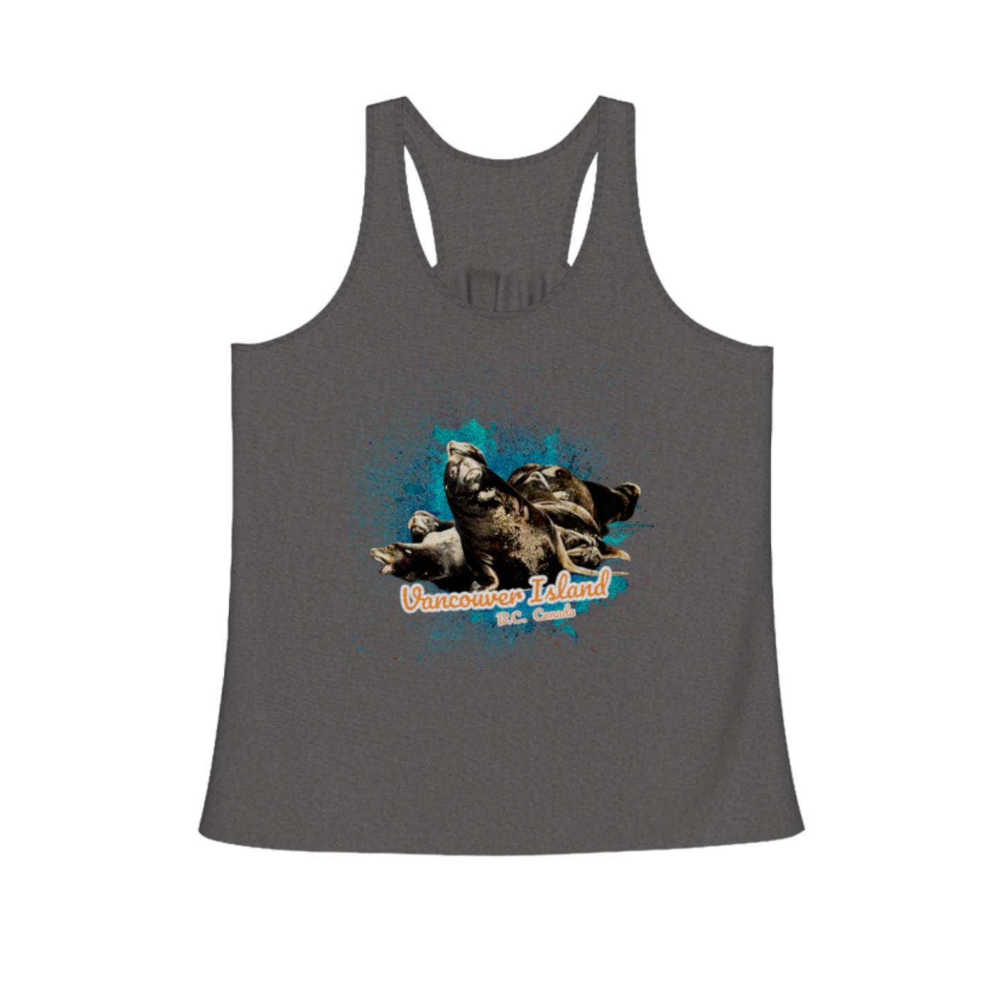 What's Up? Sea Lions Vancouver Island BC Canada Flow racerback tank top. The images on the front is of a group of sea lions floating on a raft of logs. by Van isle goddess dot com
