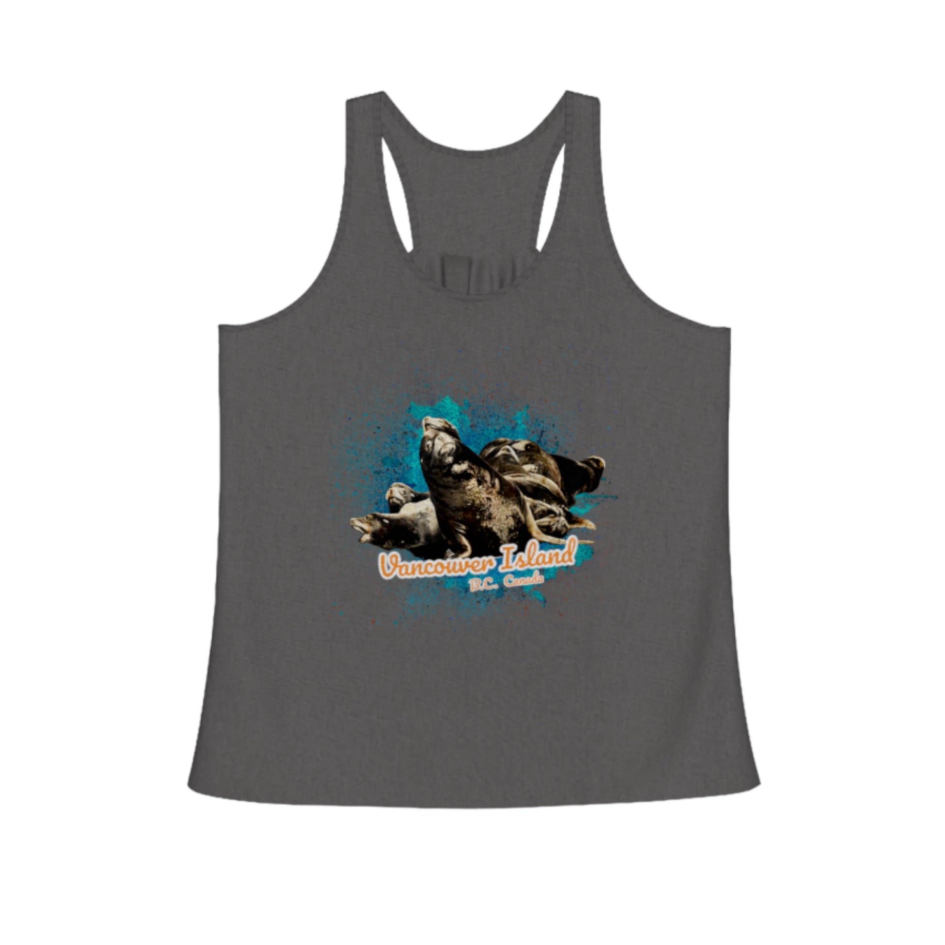 What's Up? Sea Lions Vancouver Island BC Canada Flow racerback tank top. The images on the front is of a group of sea lions floating on a raft of logs. by Van isle goddess dot com