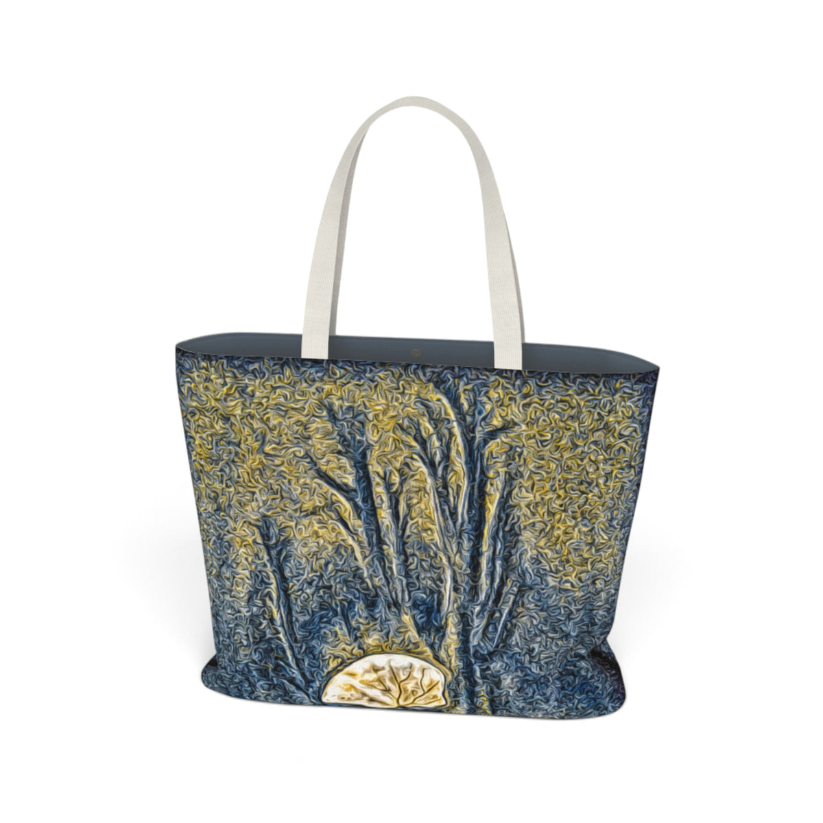 A tote bag featuring a textured, swirling blue and yellow tree pattern reminiscent of Van Gogh's Starry Night, with solid cream-colored shoulder straps, shown against a plain white background.