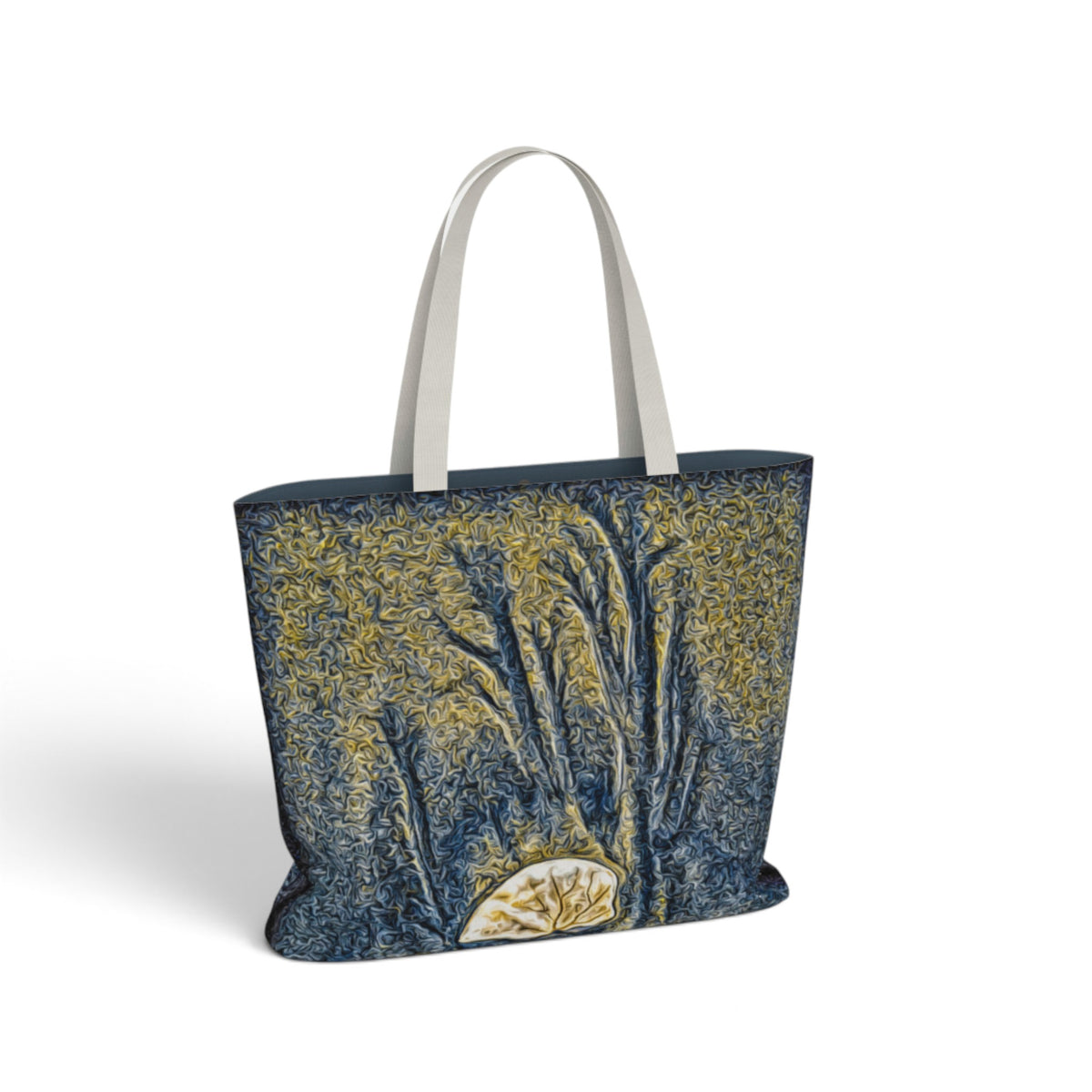 A tote bag featuring a textured, painterly print of trees in blue and yellow, with light gray shoulder straps, shown on a white background.