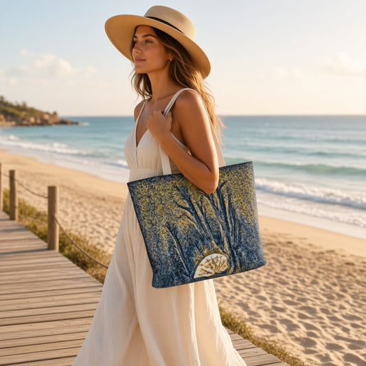 A woman in a white dress and straw hat carries a large navy tote bag with a sand dollar print and a sand detail, set against a sunny beach background.