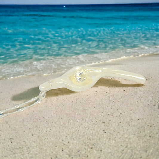 Diamond Star natural seashell pendant with eight mm faceted herkimer diamond.  The background is the beach and the ocean.