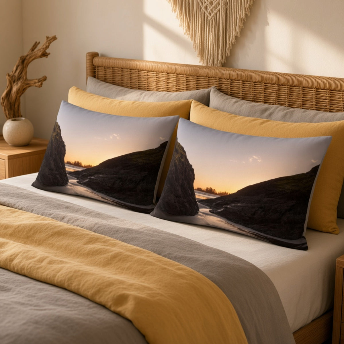 image of a sunset printed on a pillow sham in a beach themed bedroom.
