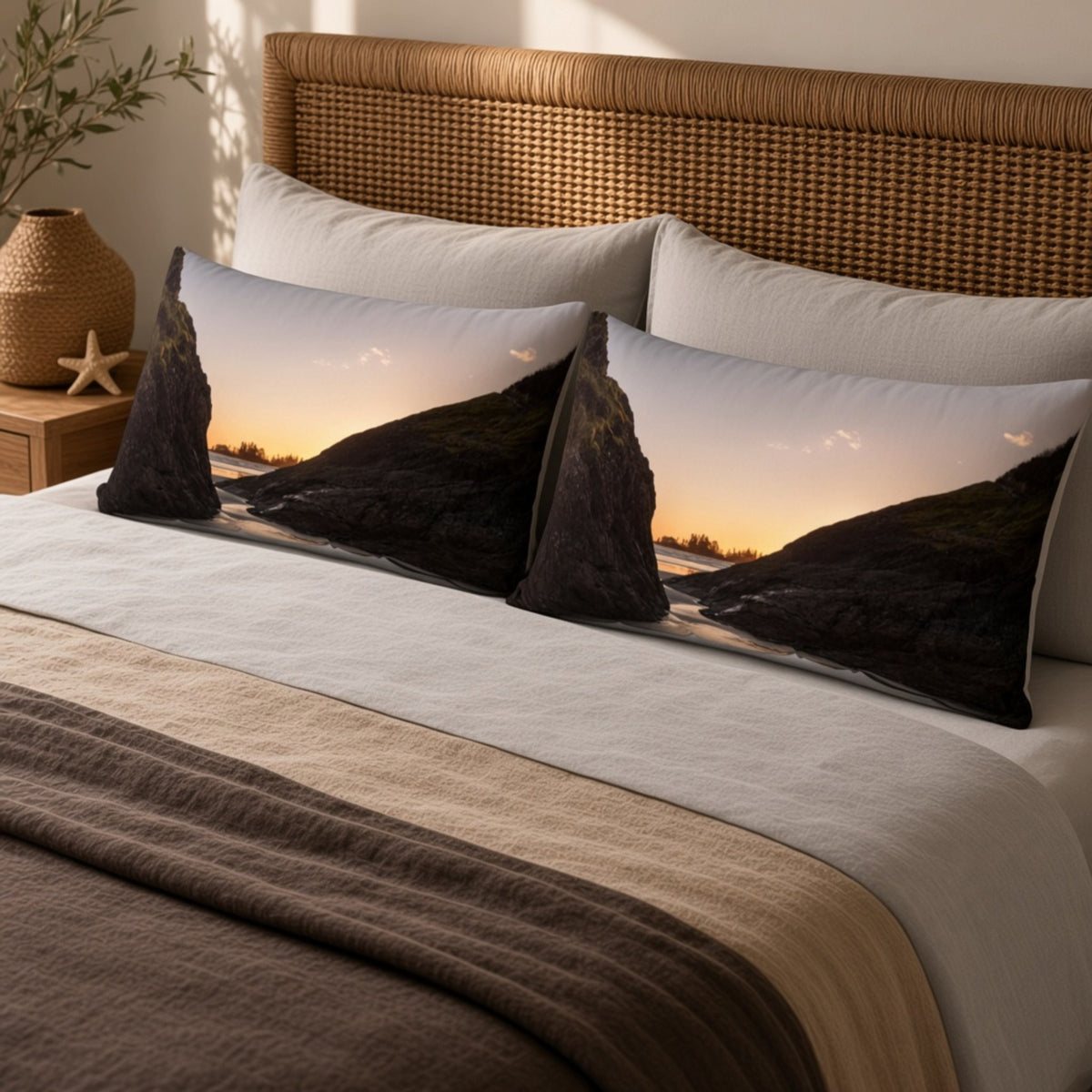 Two rectangular lumbar pillows with a scenic coastal cliff sunset print, styled on a bed with white and brown bedding and a woven headboard.
