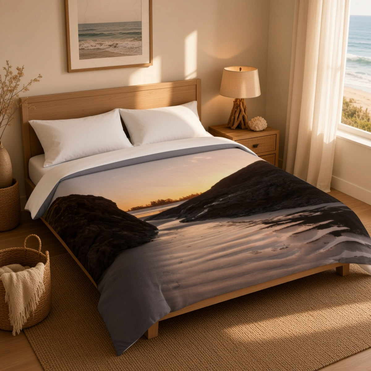 A bed dressed in a duvet cover featuring a scenic beach sunset print, styled in a warm, modern bedroom with a wooden headboard, bedside lamp, and window view of the ocean.