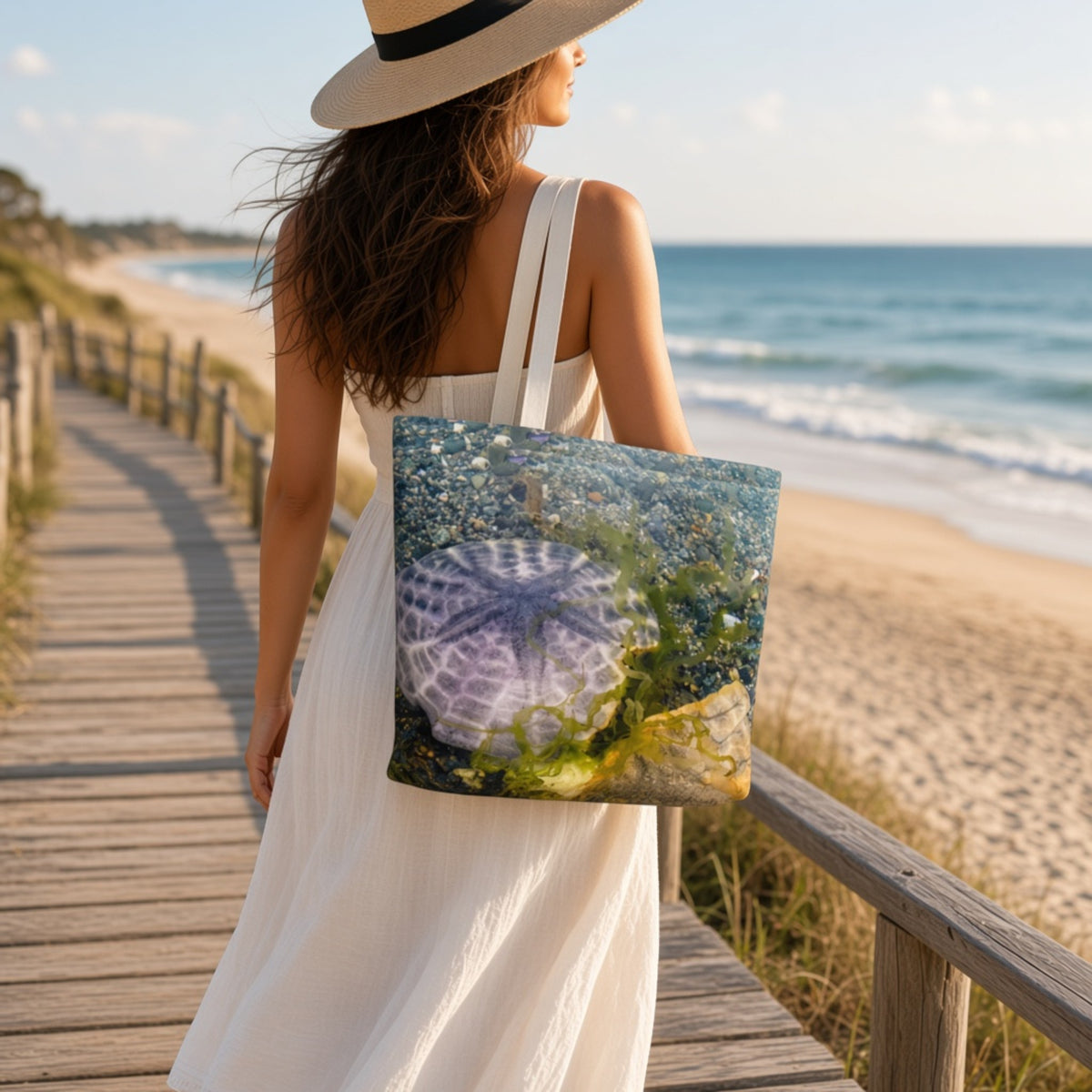 A woman in a white dress and straw hat carries a large tote bag with a  underwater sand dollar print while walking on a wooden boardwalk by the beach.