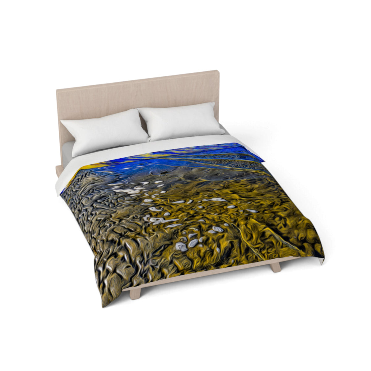 A bed with a colorful abstract duvet cover featuring a textured landscape design in yellow, brown, blue, and white, styled with two white pillows on a light wood bed frame against a white background.
