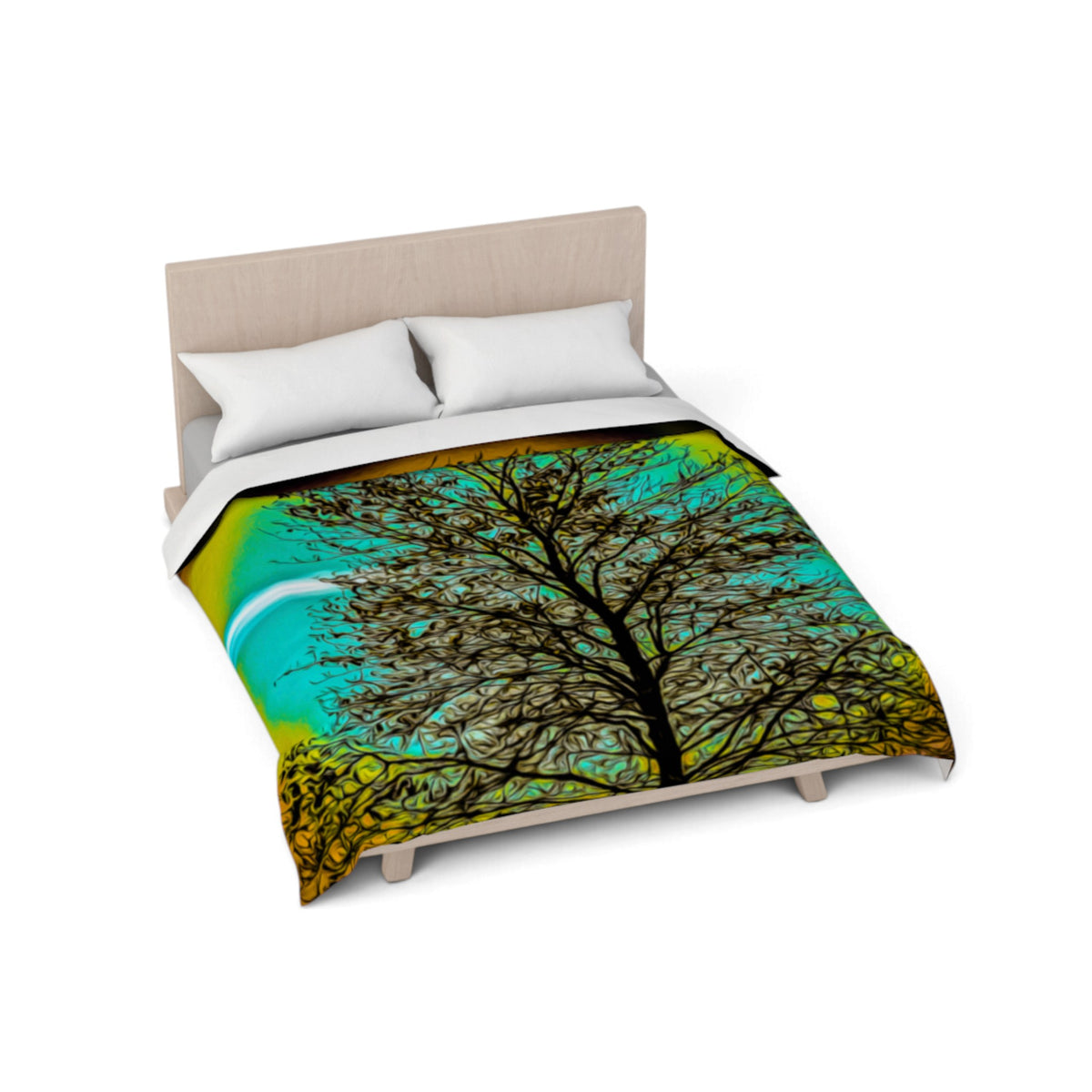 A bed with a colorful tree-pattern comforter and two white pillows, shown on a light wood bed frame against a plain white background.