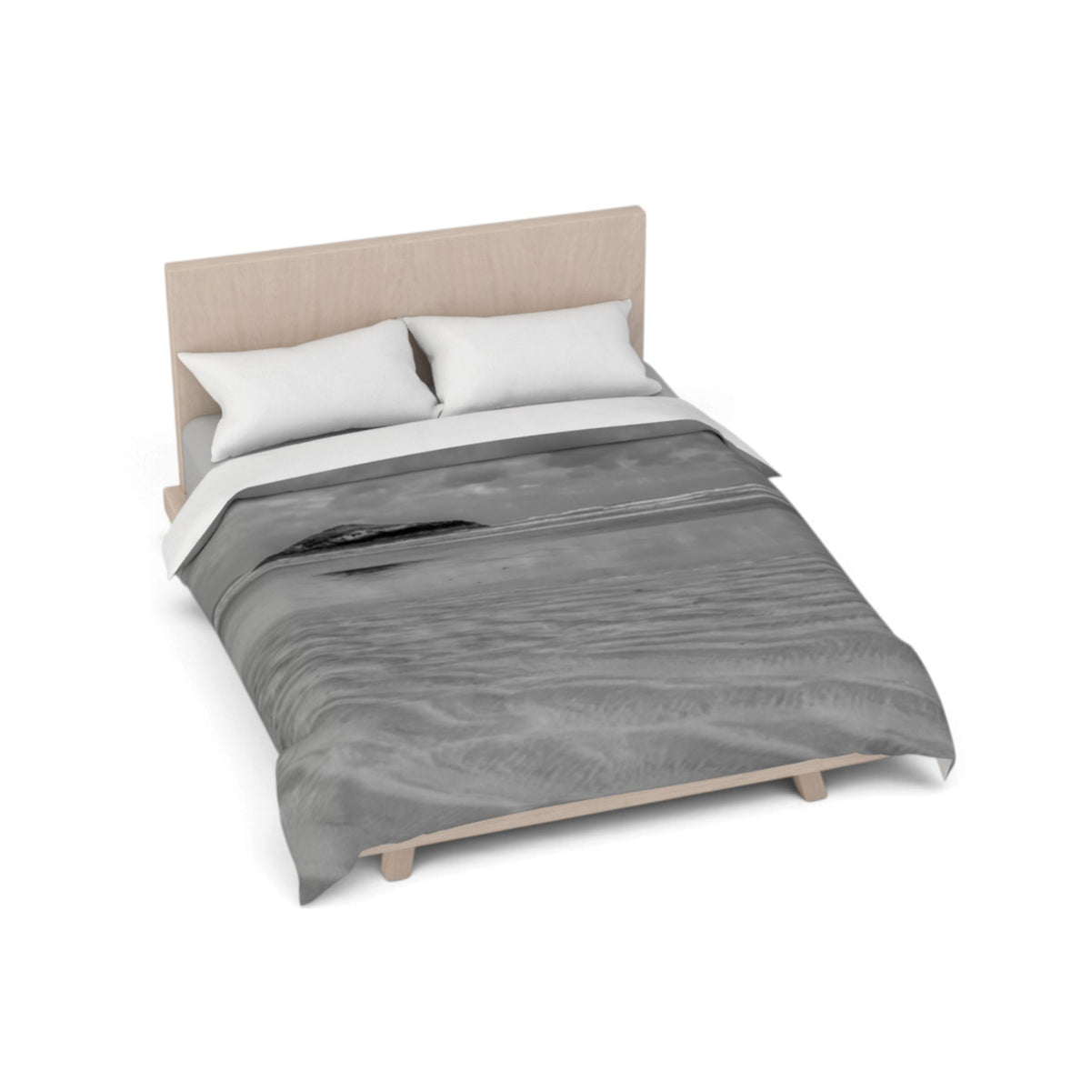 A bed with a light wood frame and headboard, dressed in a gray and black abstract patterned comforter with two white pillows, shown on a plain white background.