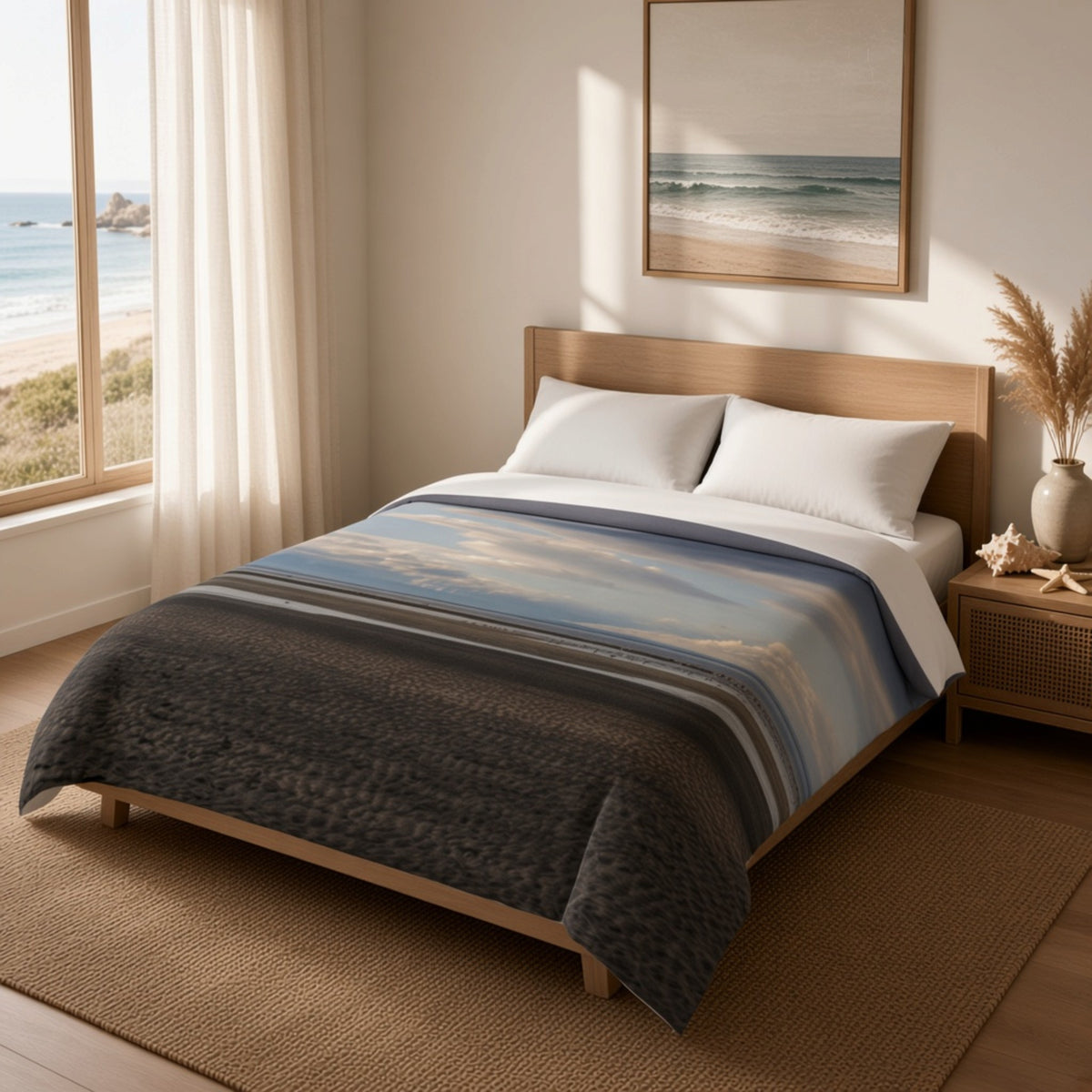A bed dressed in a coastal-themed comforter set with a dark gray textured lower section, blue and beige striped middle section, and white pillows, styled in a bright beach-view bedroom.