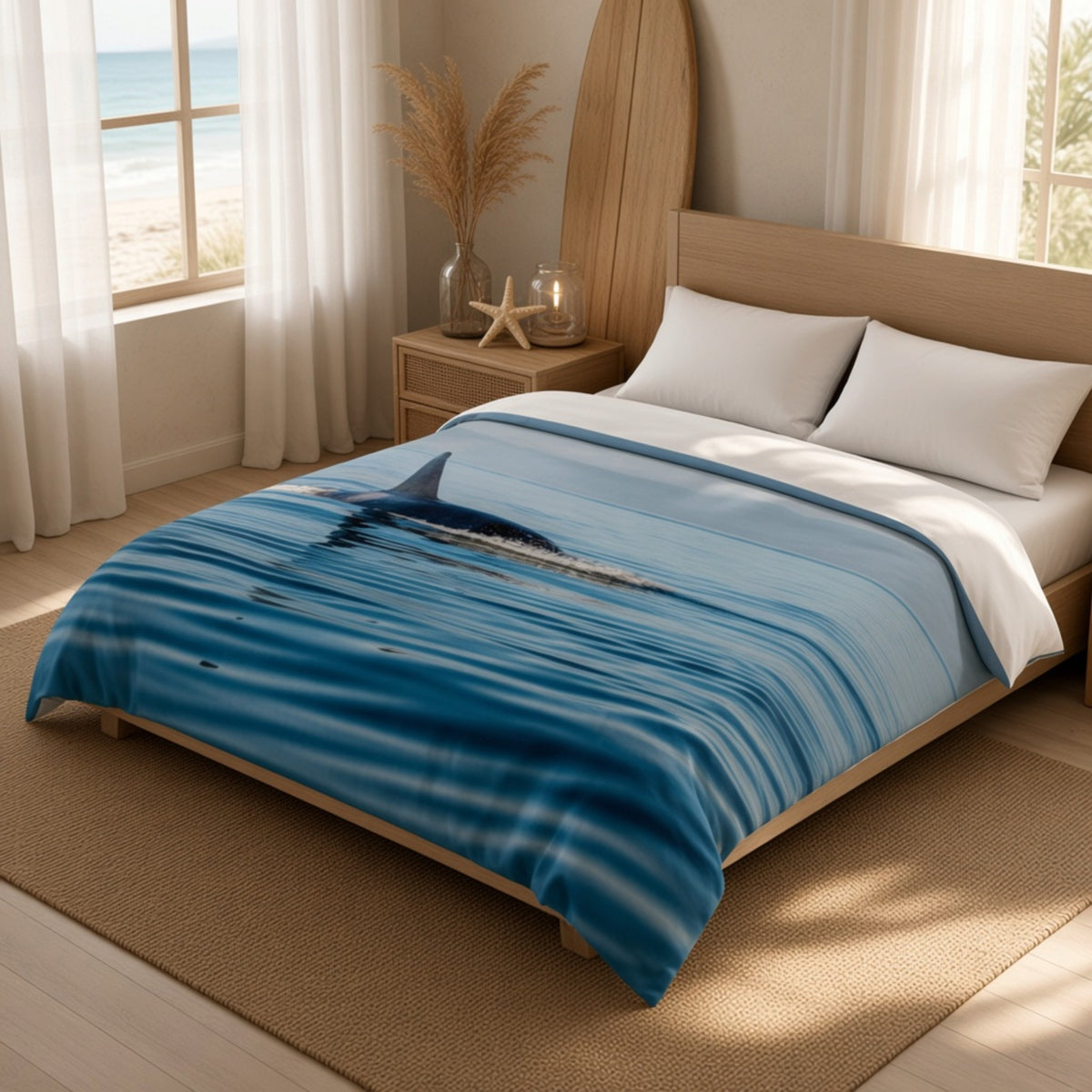 A bed dressed in a blue ocean-themed blanket featuring a shark and striped water patterns, styled in a bright beach-inspired bedroom with white pillows, a wooden headboard, and a surfboard leaning against the wall.